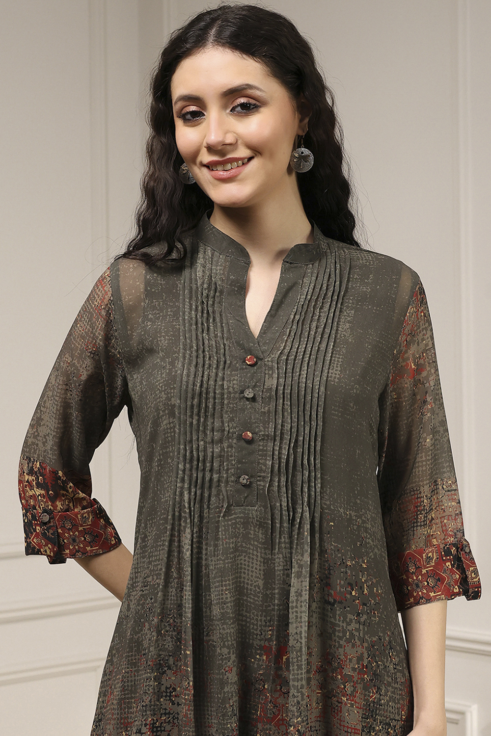 Charcoal-Rust Polyester Straight Printed Kurta image number 1