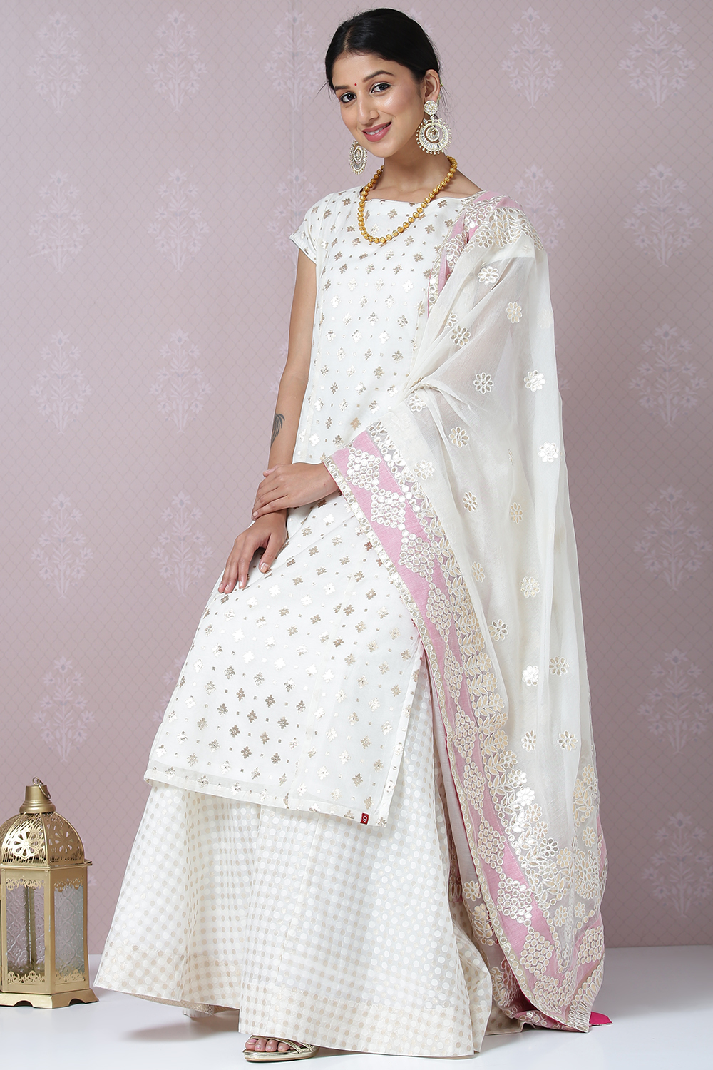 Off White Poly Metallic Cotton Straight Kurta Skirt Suit Set image number 8