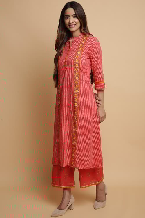Teal Cotton A-Line Kurta Palazzo Suit Set image number 3