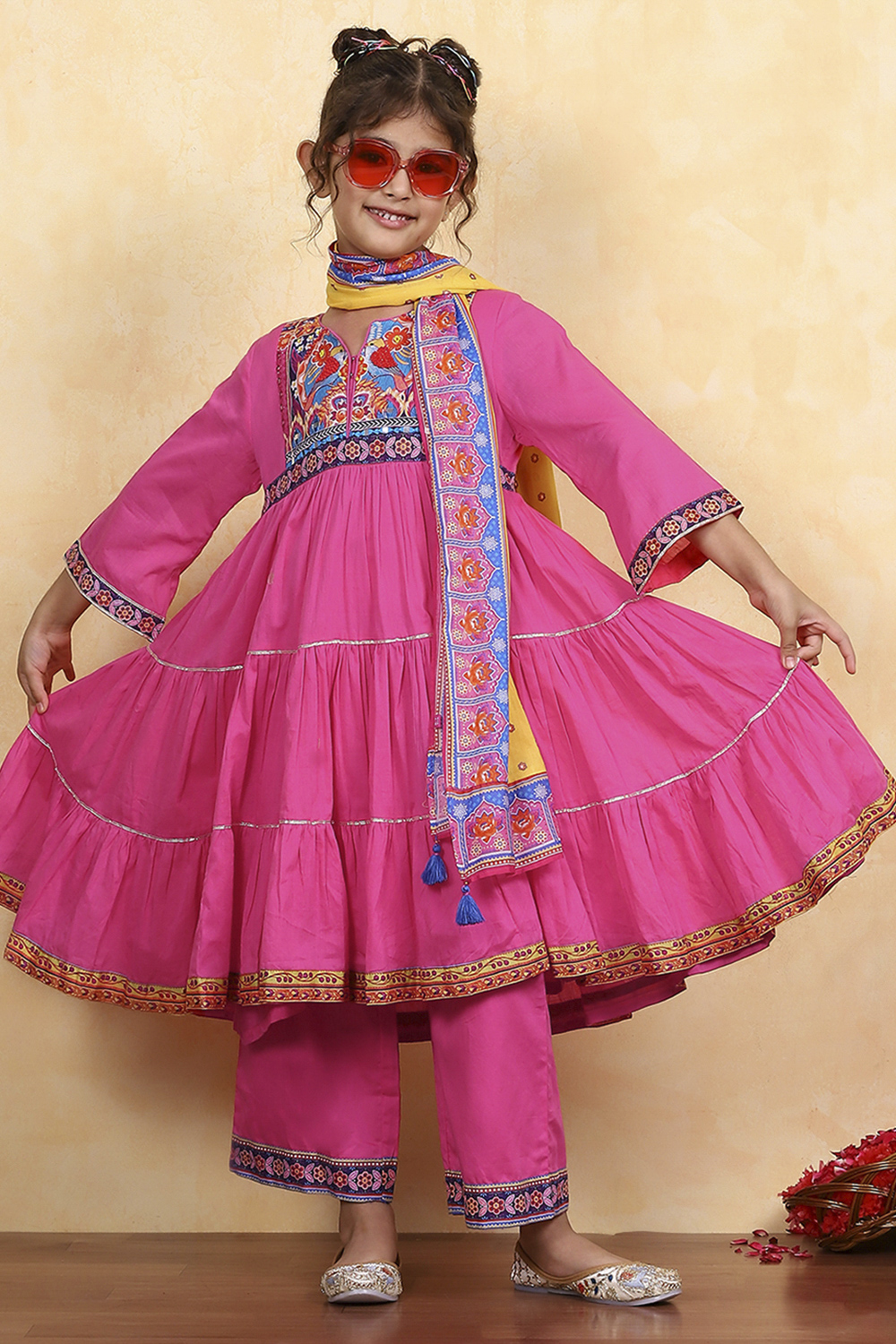 Pink Cotton Printed Tiered Suit Set image number 0