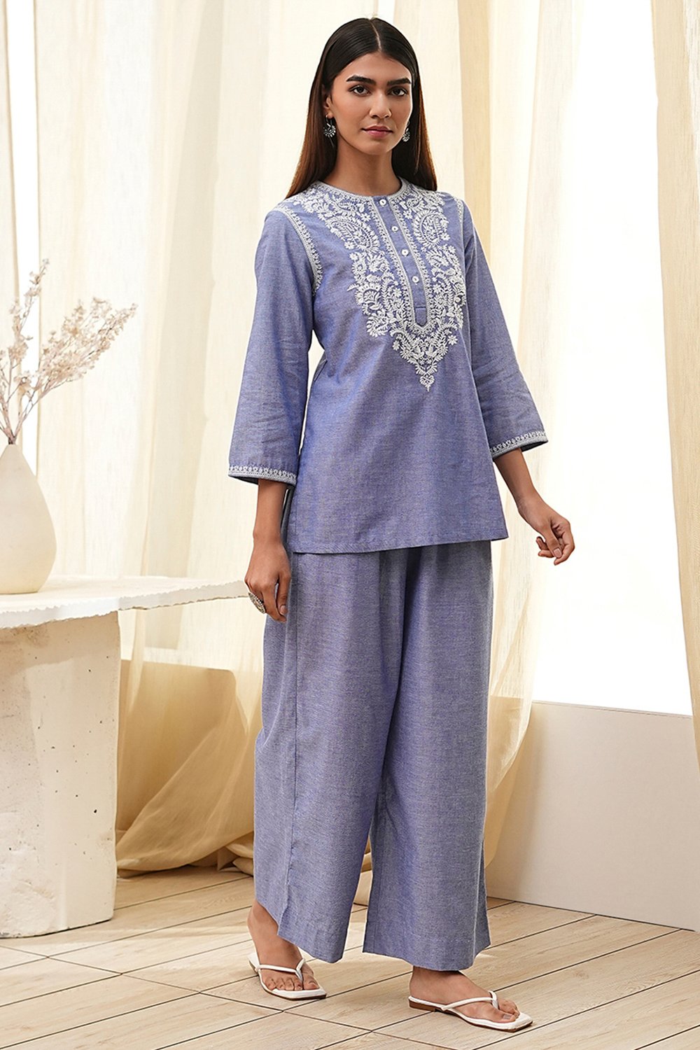 Dull Blue Cotton Straight Co-ord Set image number 5