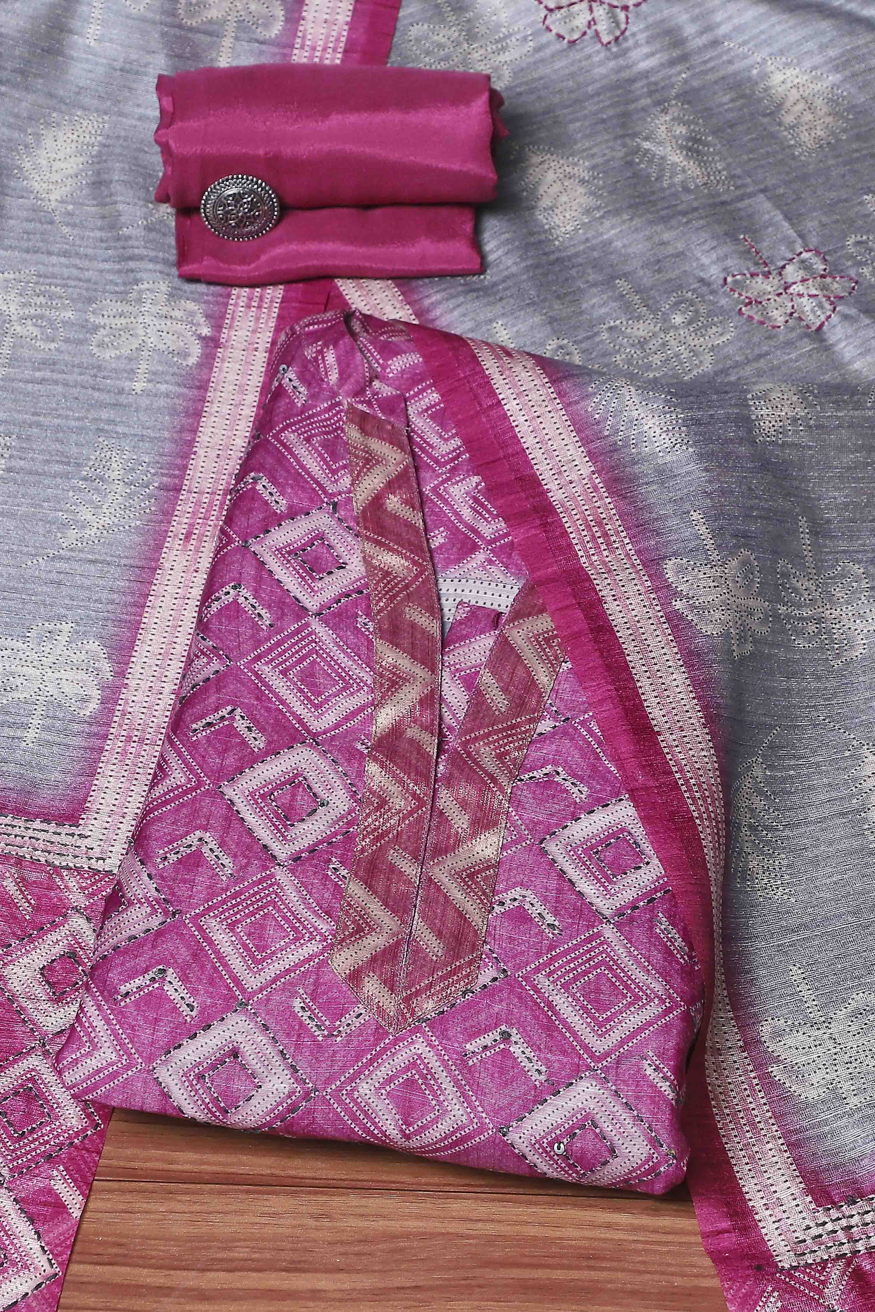 Pink Silk Blend Printed Unstitched Suit Set image number 0