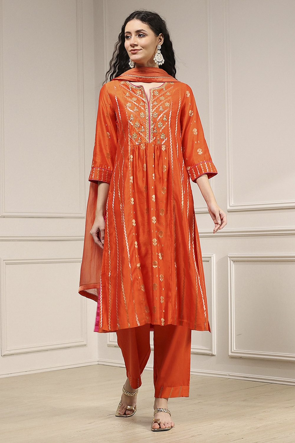 Orange Silk Straight Yarndyed Suit Set image number 6