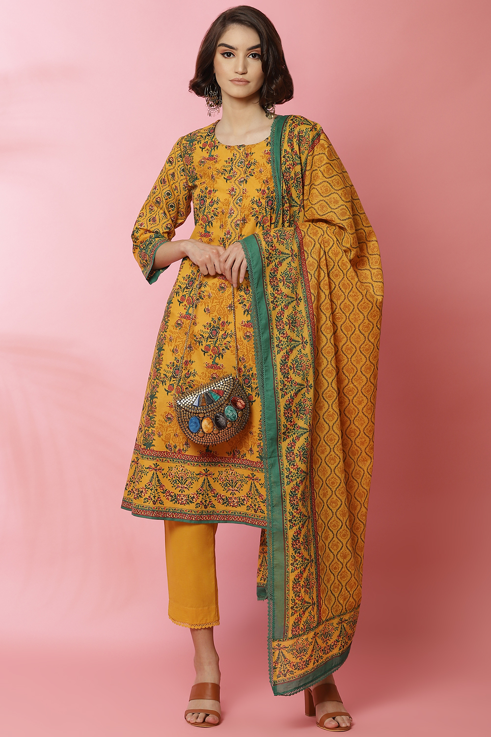 Sage Green Cotton Straight Kurta Slim Pant Suit Set image number 0