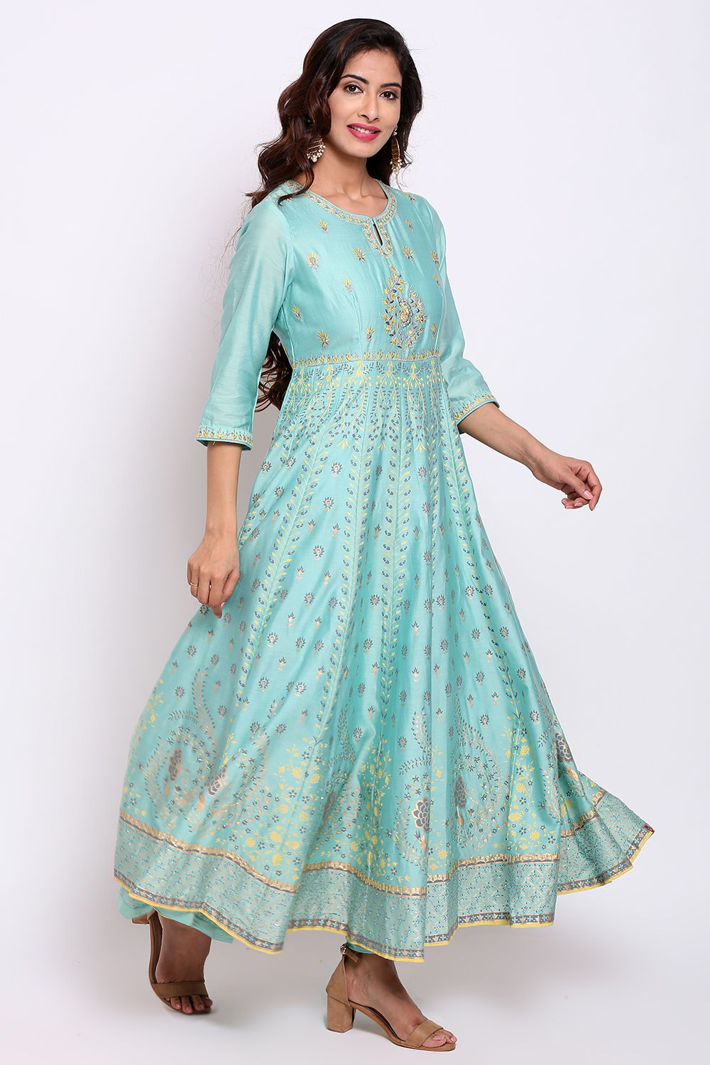 Sky Blue Cotton Silk Anarkali Kurta Churidar Suit Set image number 4