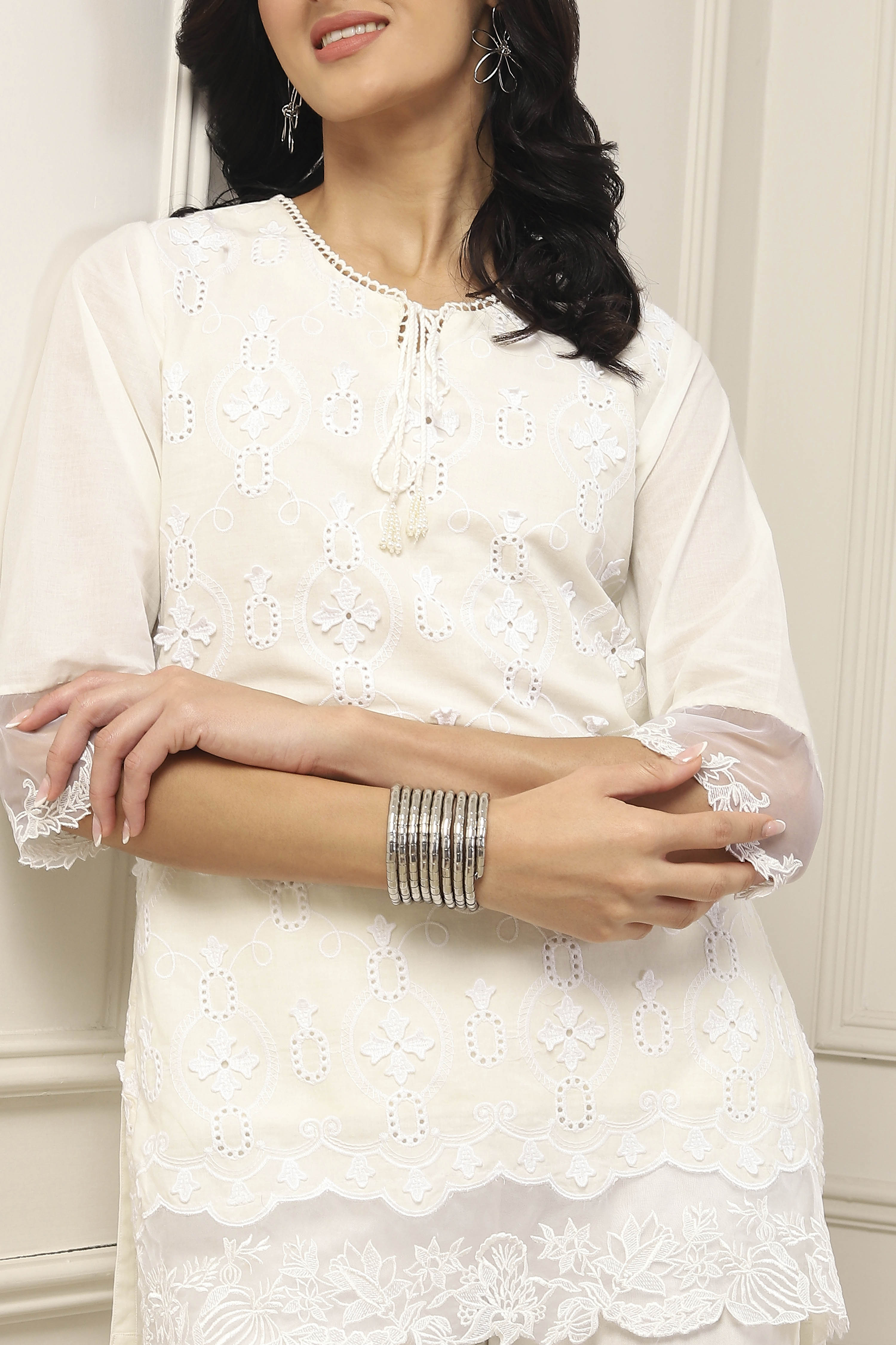 White Cotton Embroidered Schiffli Straight Suit Set image number 1