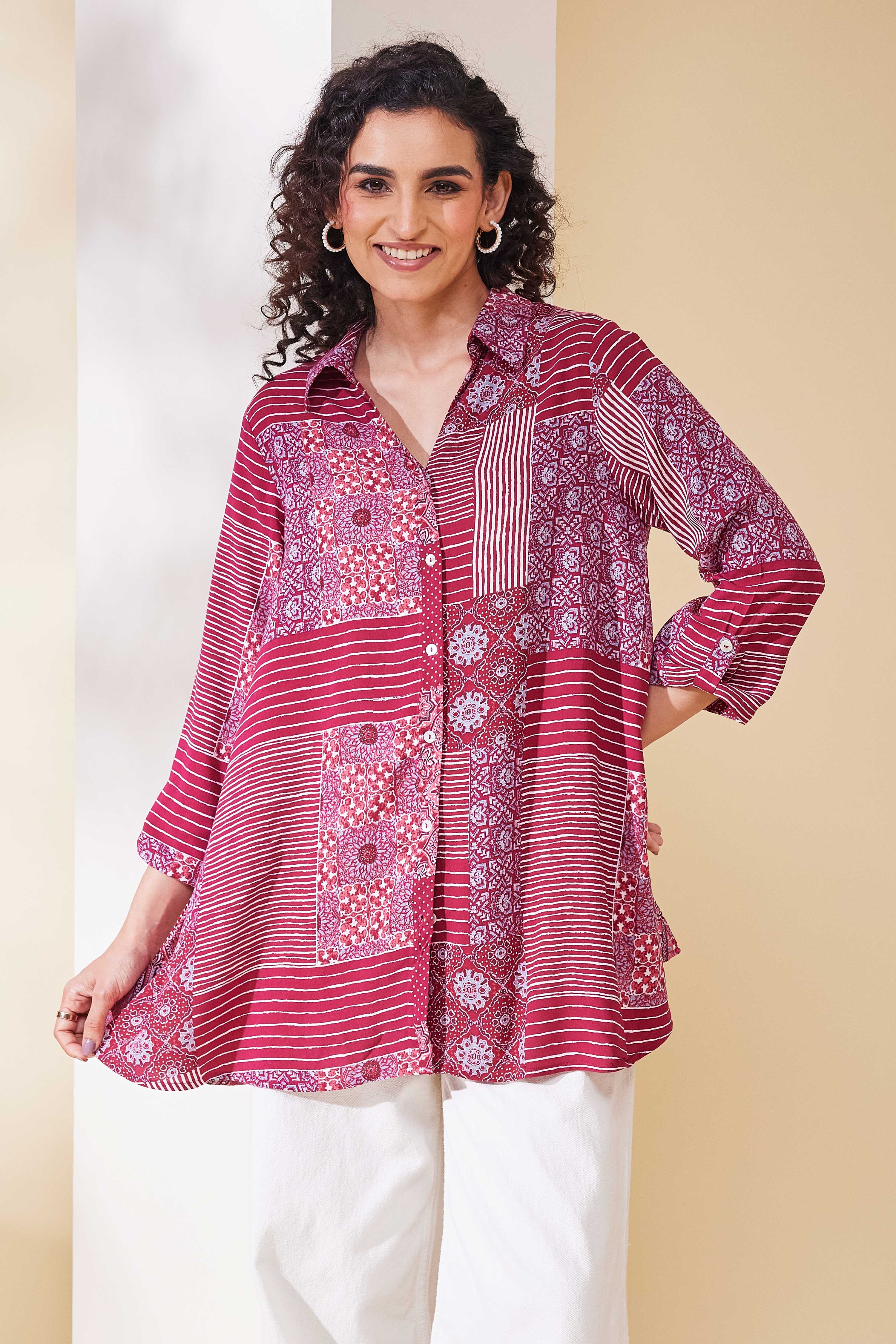 Maroon Viscose Rayon Asymmetric Shirt image number 5
