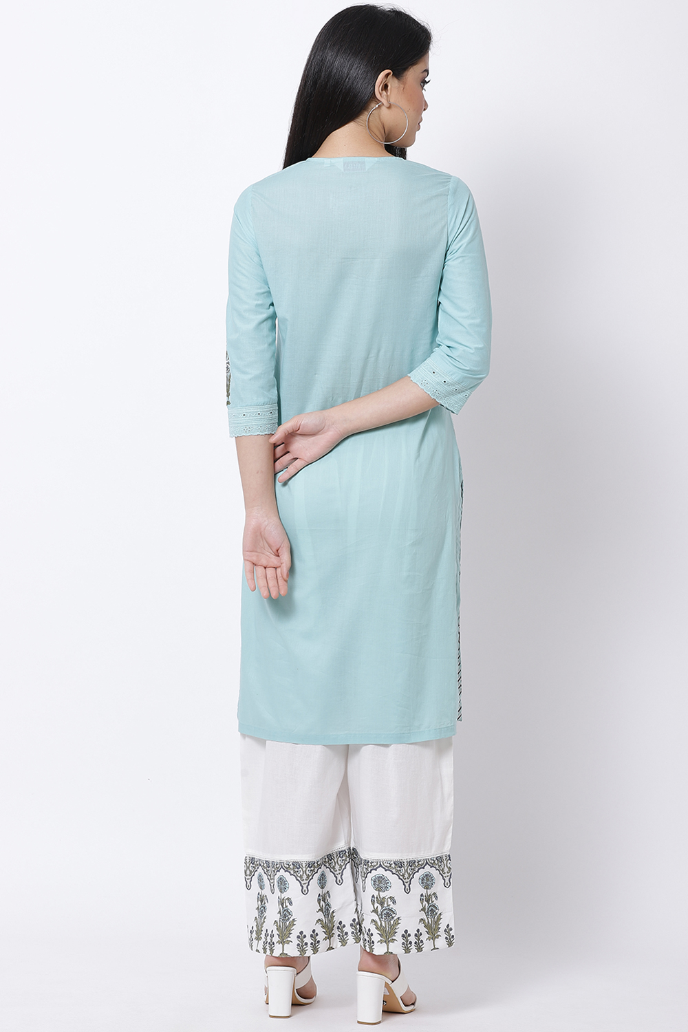 Sea Green Cotton Straight Kurta Palazzo Suit Set image number 4