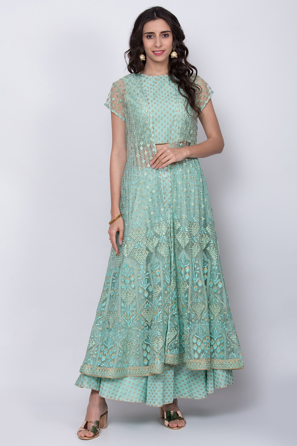 Sea Green Chanderi Fusion Wear Set image number 3