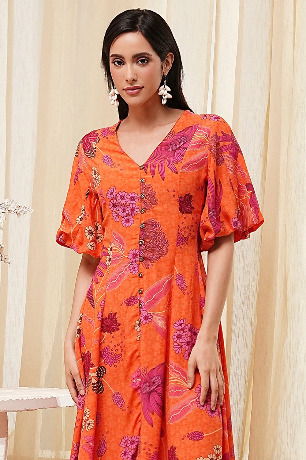 Orange Floral Printed Flared Dress image number 1