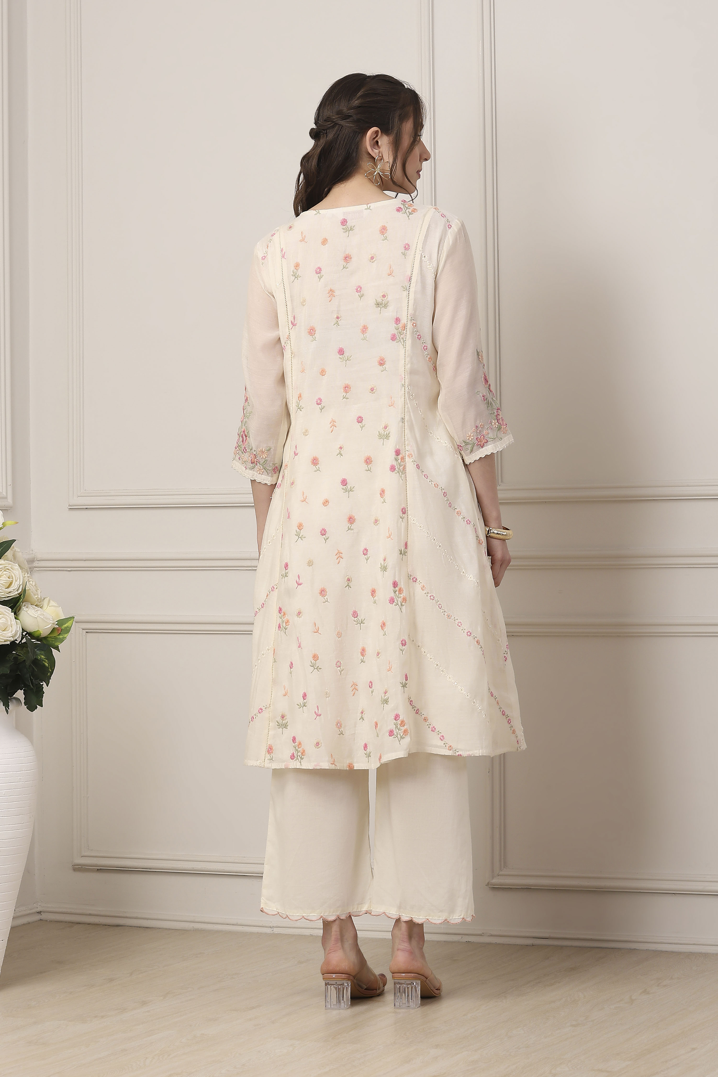 White Poly Chanderi Floral Printed Kalidar Suit Set image number 4