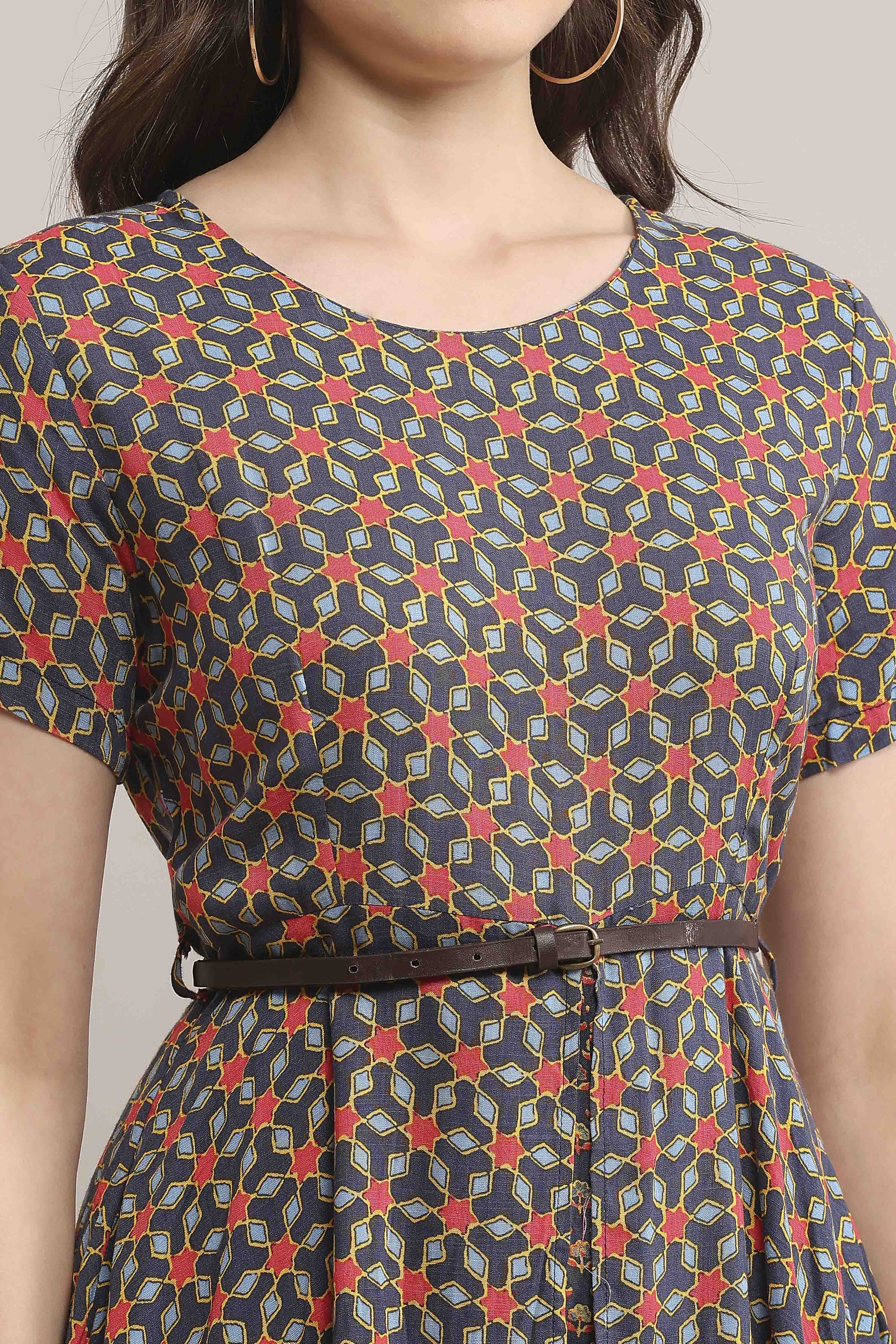 Indigo LIVA Straight Printed Jumpsuit Dress image number 1