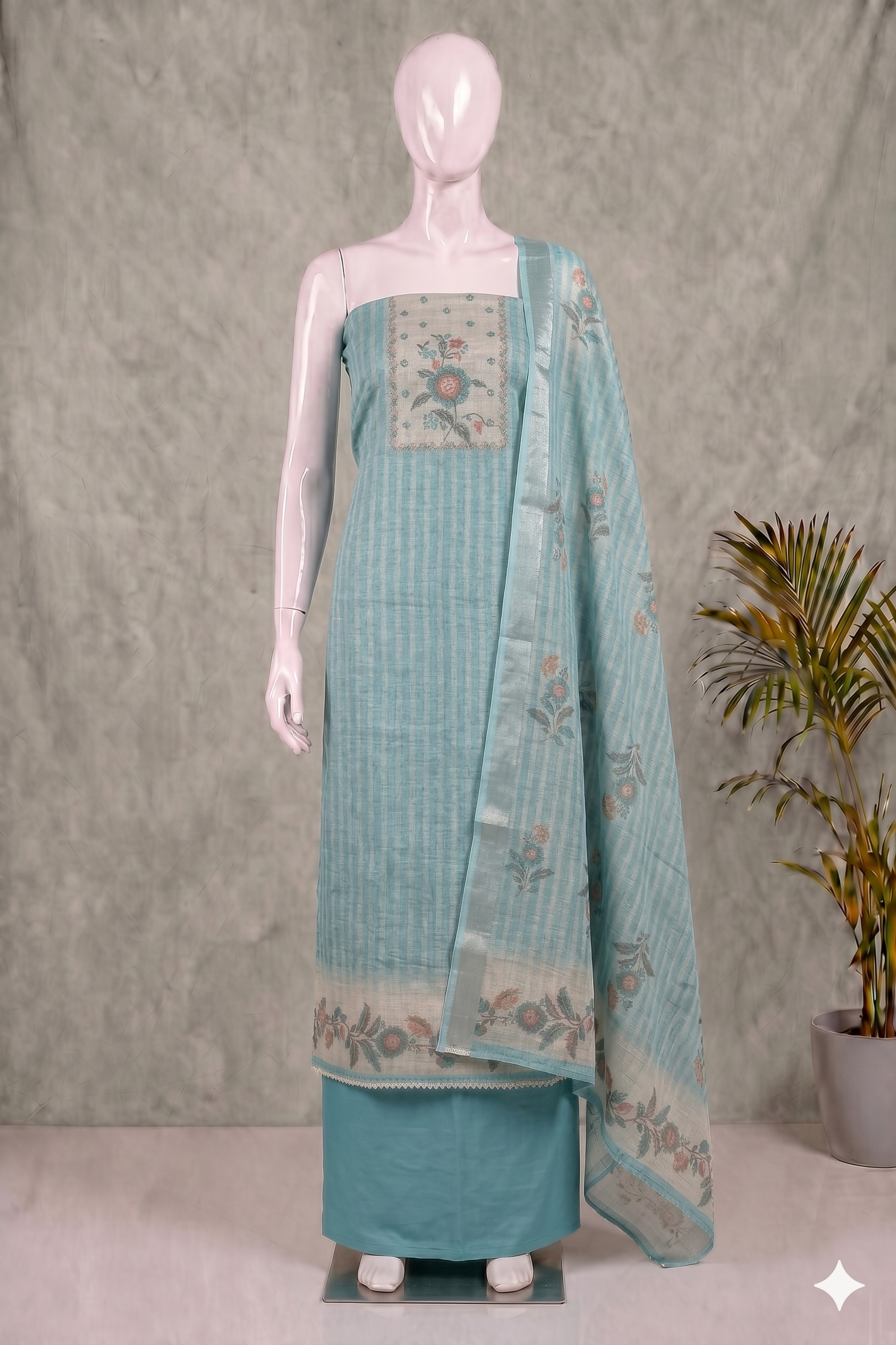 Blue Linen Stripe With Handwork Unstitched Suit Set image number 4