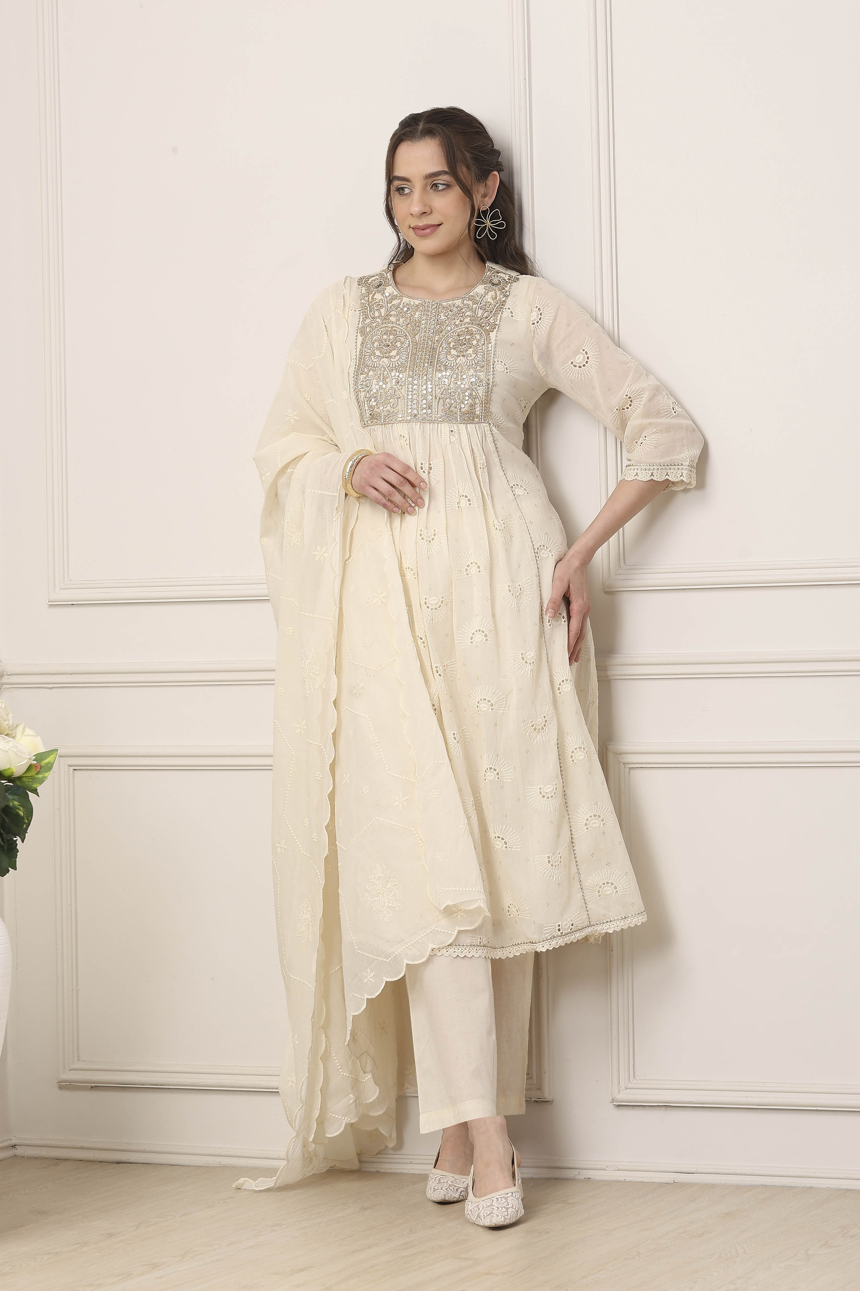 Ivory Cotton Yoke Embroidered A-Line Gathered Suit Set image number 0