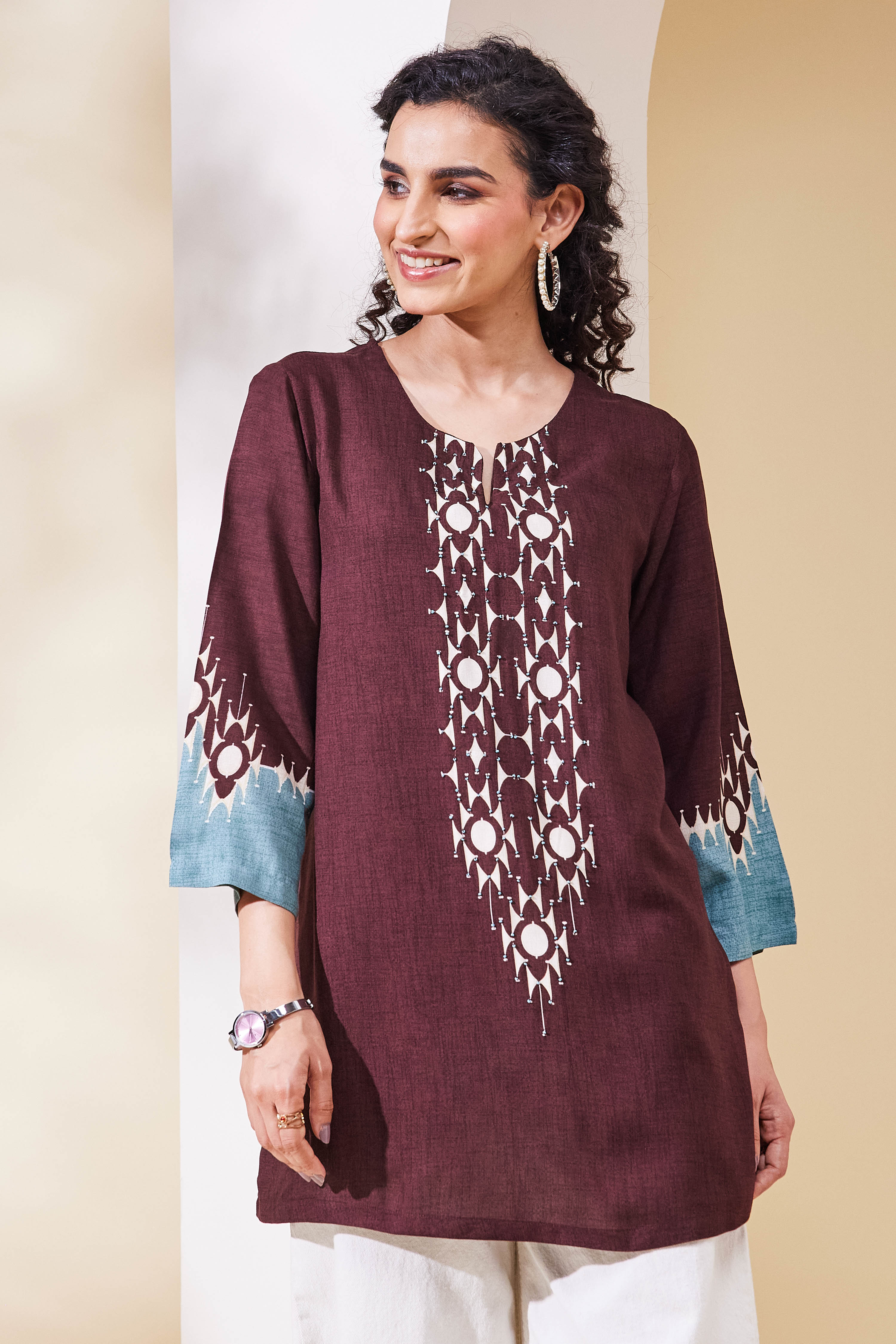 Brown Viscose Rayon Straight Top image number 5