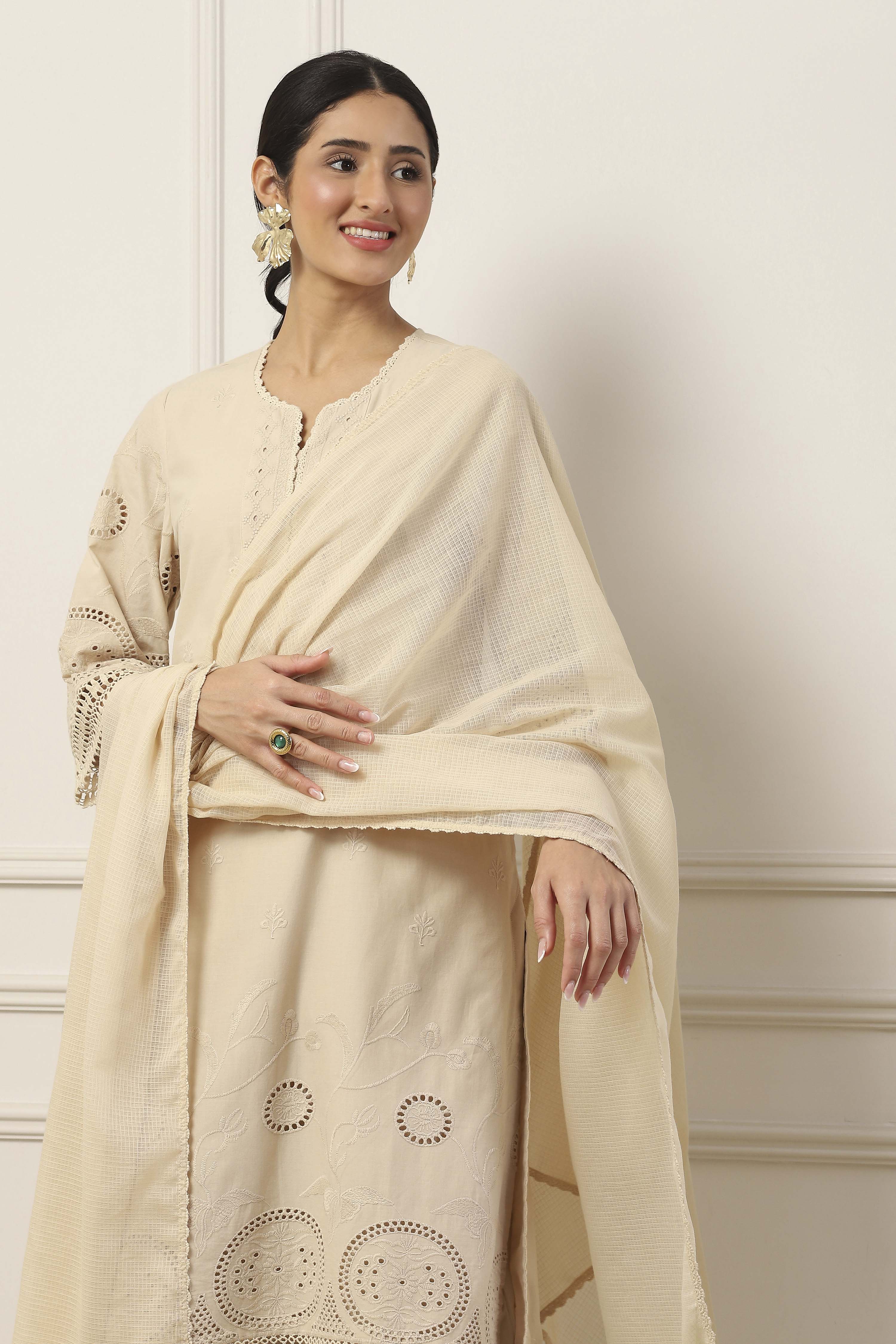 Beige Cotton All-Over Floral Straight Suit Set image number 7