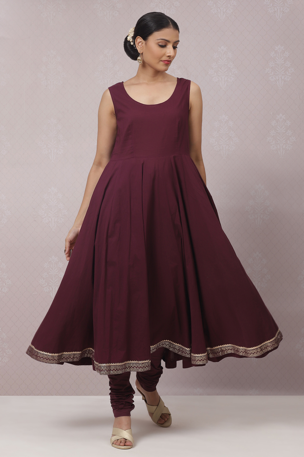 Wine Cotton Silk Flared Kurta Churidar Suit Set image number 5