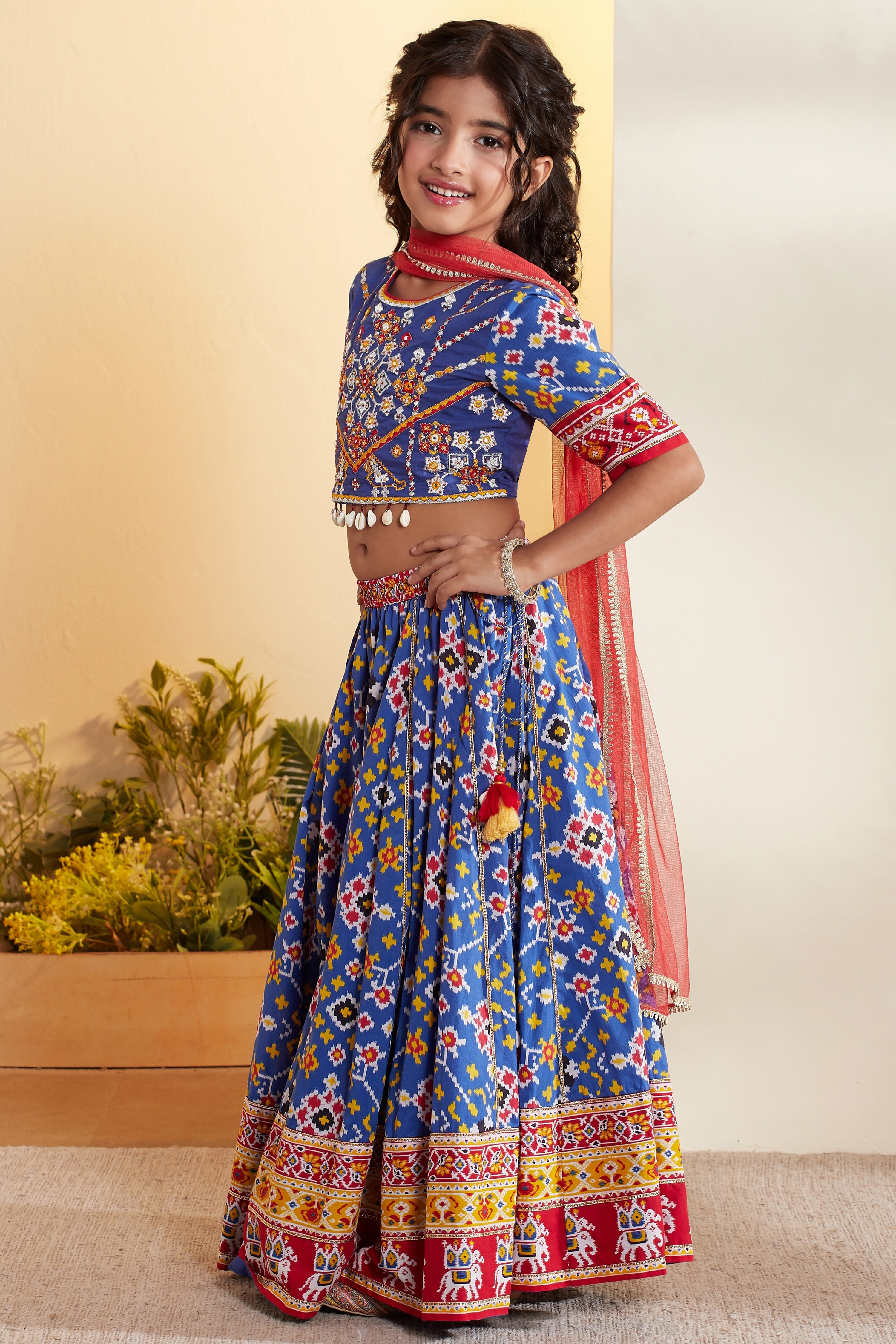 Blue Cotton Printed Kalidar Lehenga Set image number 3
