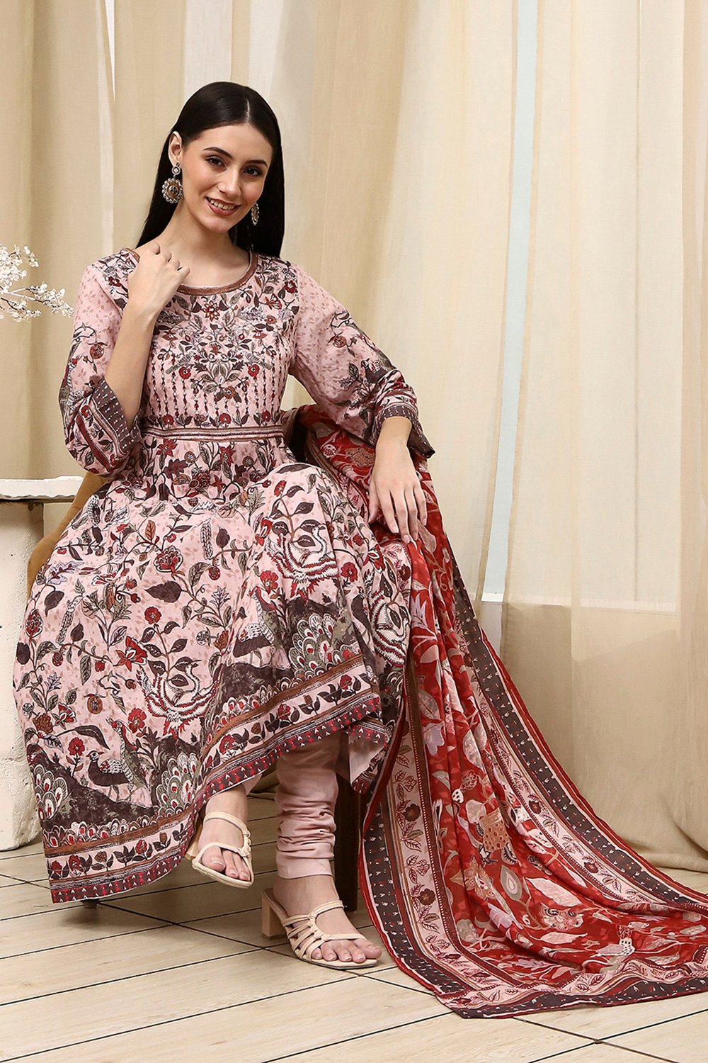Beige Cotton Anarkali Kurta Churidar Suit Set image number 7