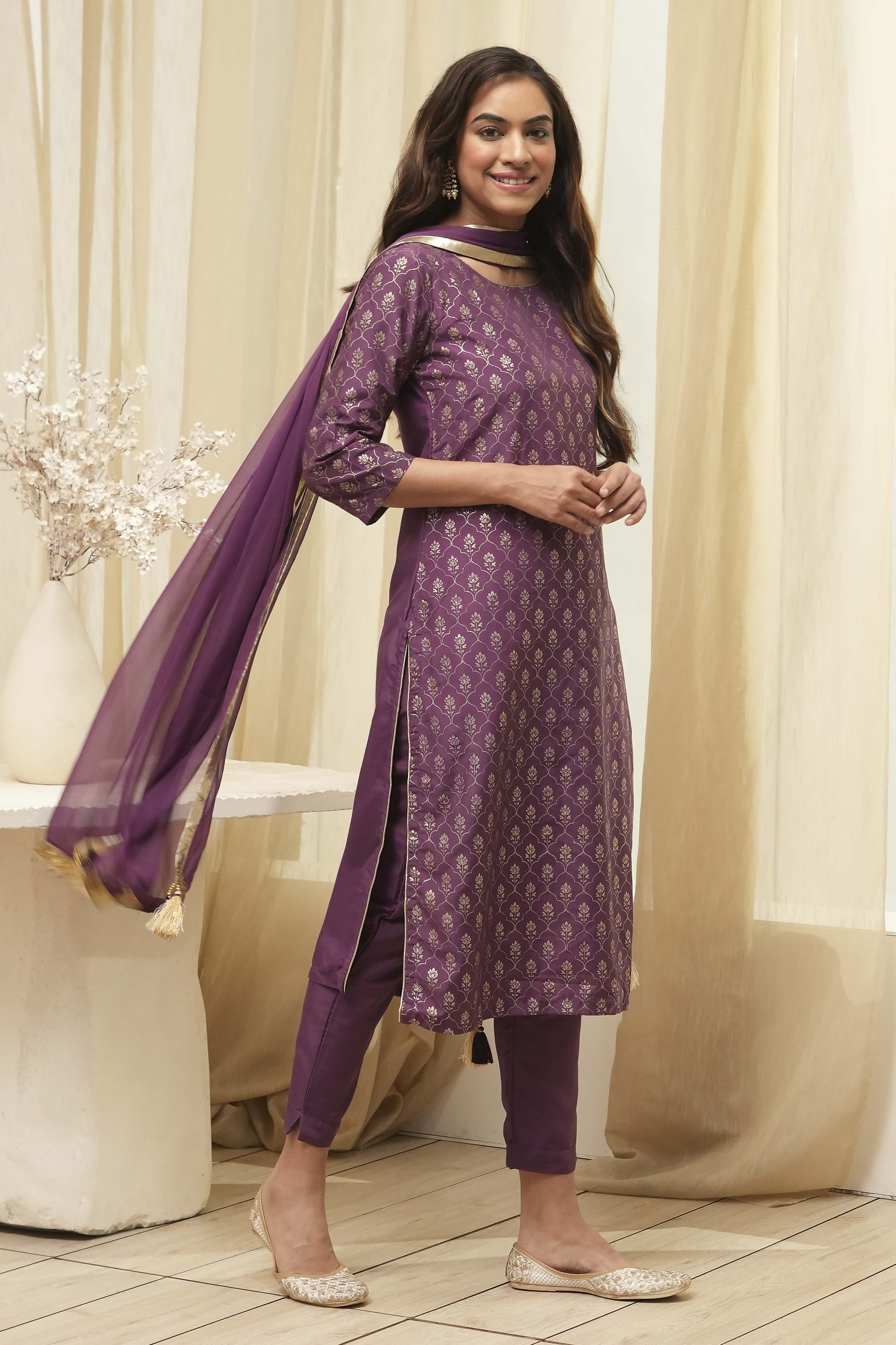 Dark Navy Art Silk Straight Kurta Slim Pants Suit Set image number 6