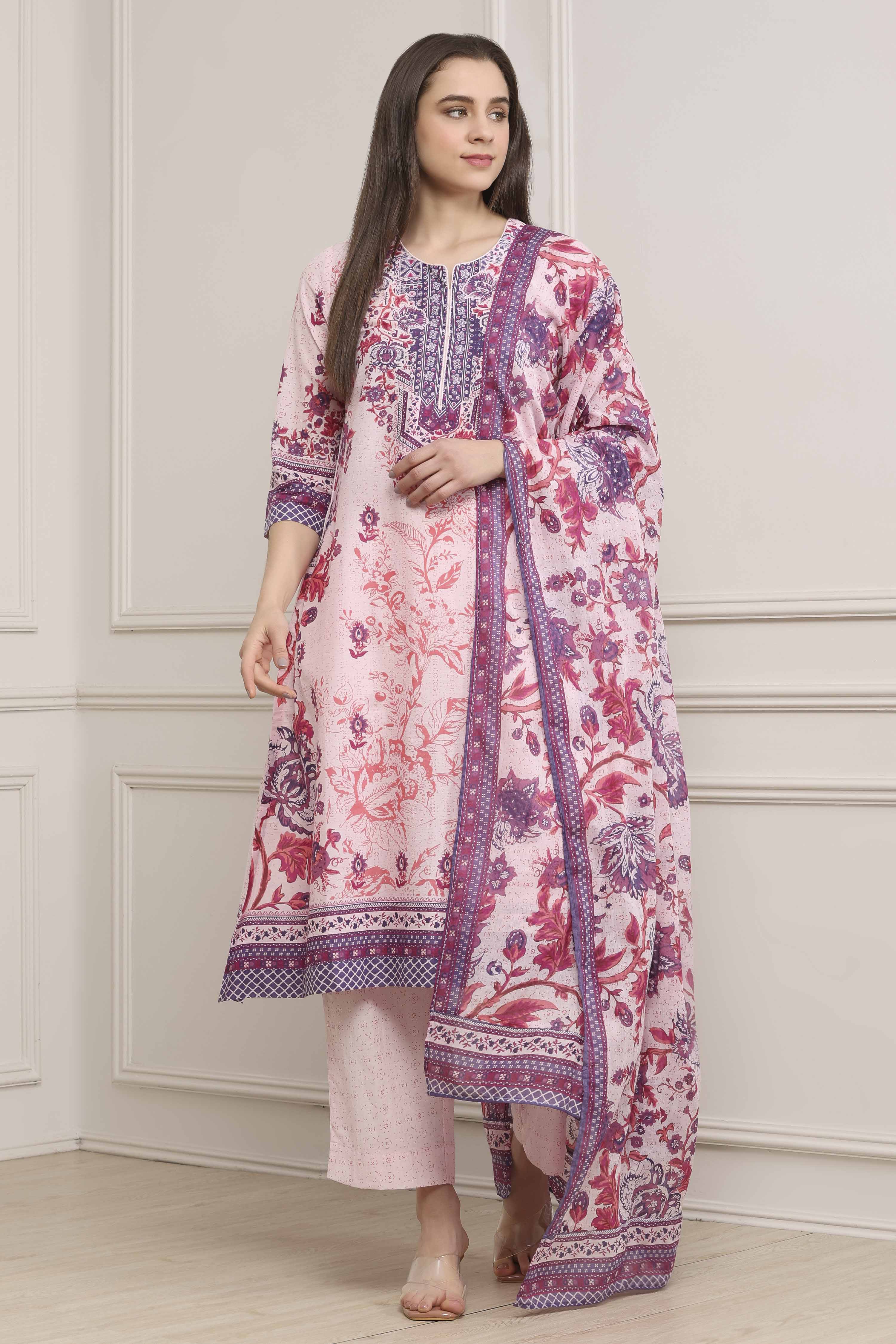 Off-White Cotton Floral Printed Straight Suit Set image number 6