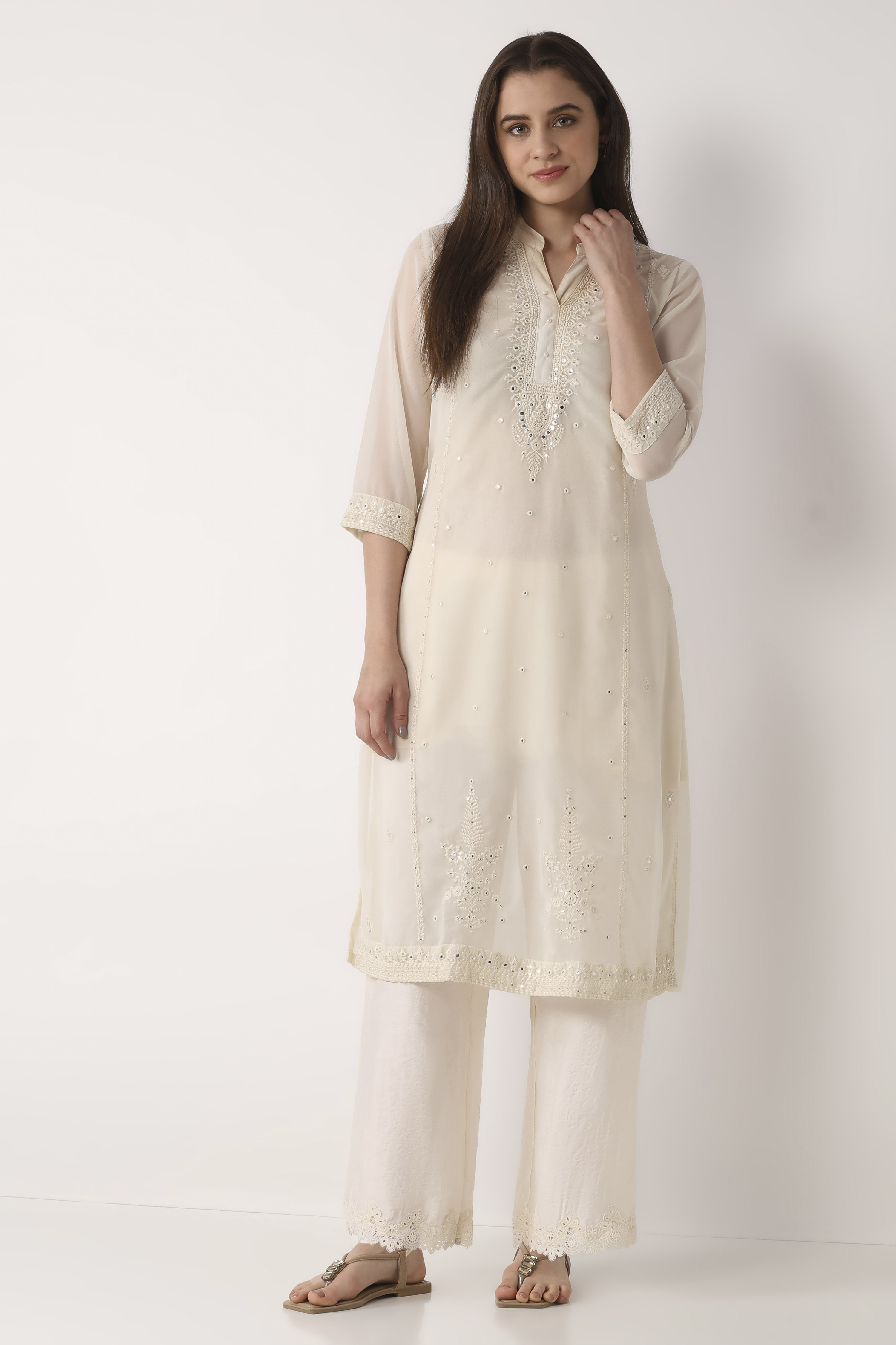 Off White Viscose Blend Straight Palazzos image number 0
