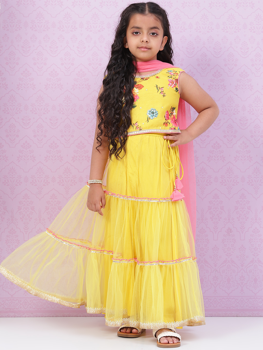 Lime Yellow Art Silk Lehenga Set image number 6