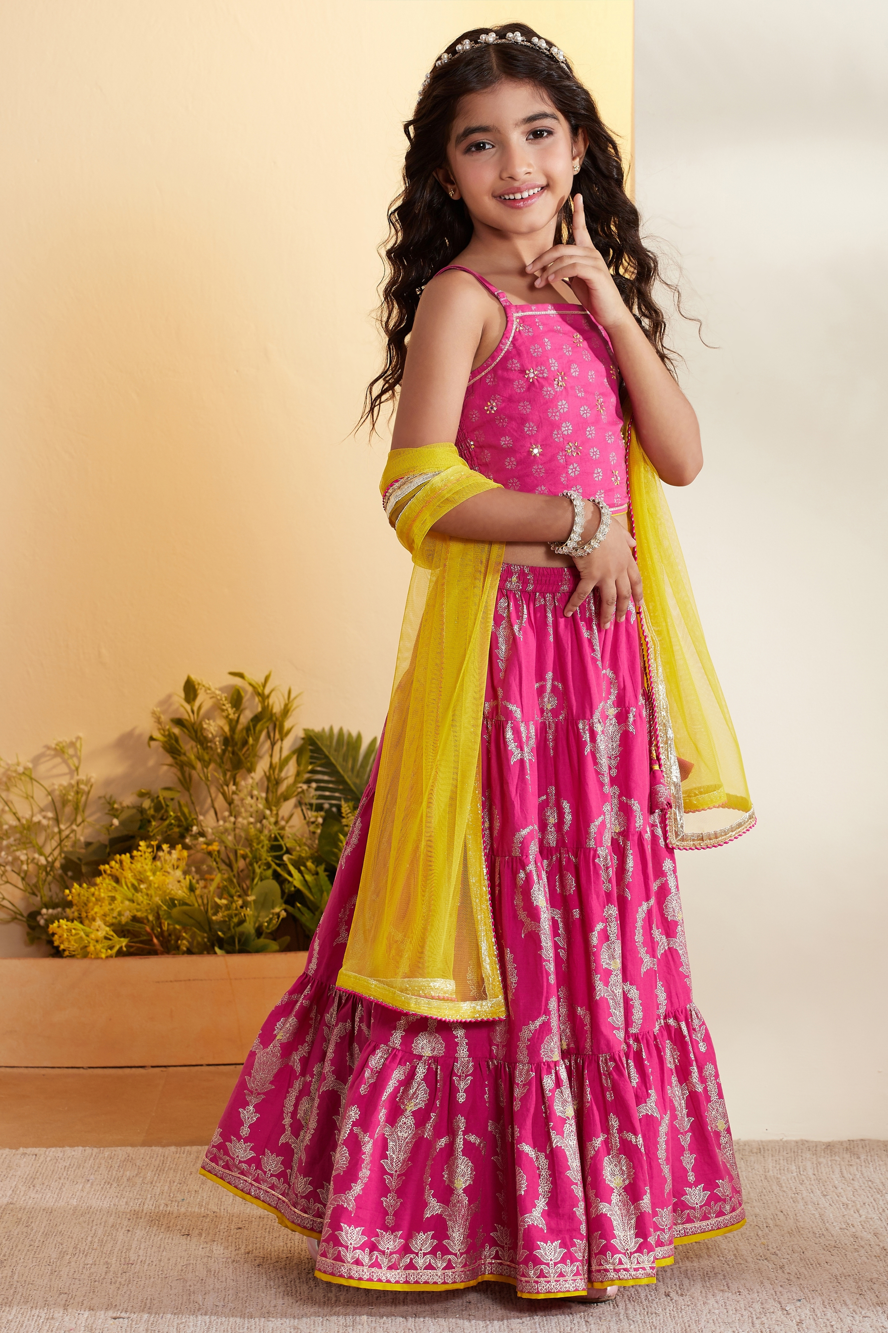 Pink Cotton Printed Tiered Lehenga Set image number 4