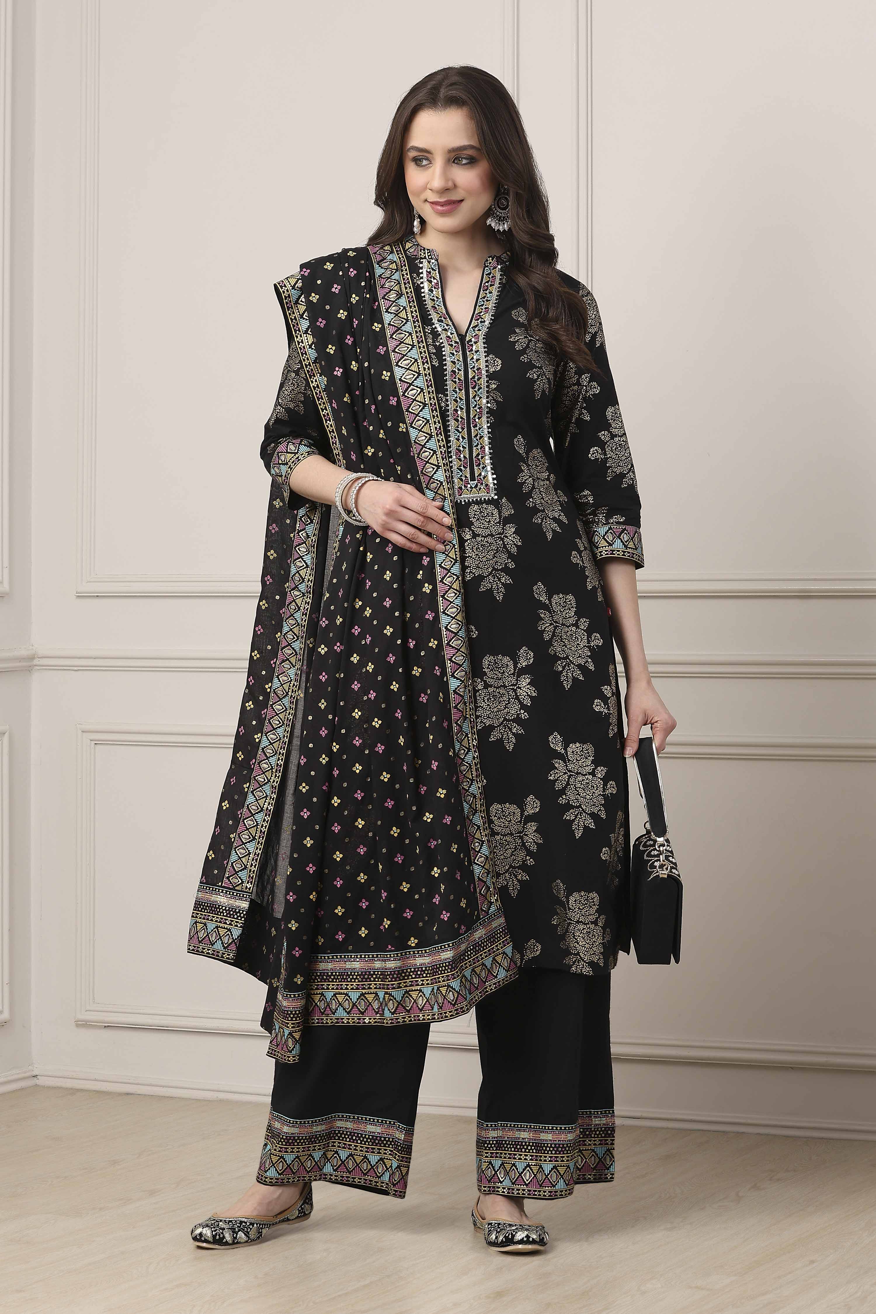 Black Cotton Straight Kurta Palazzo Suit Set image number 0