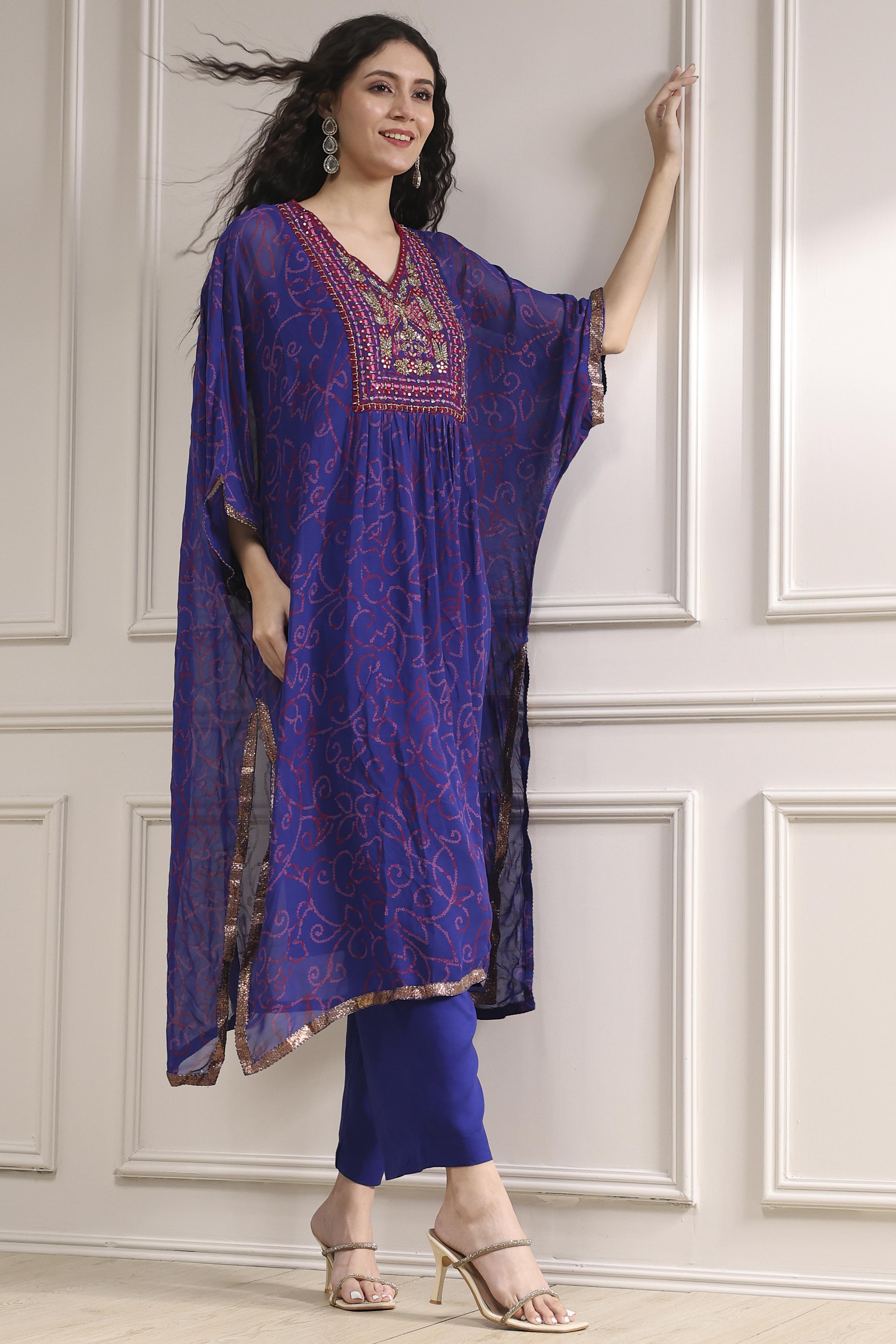 Red Printed Kaftan Style Kurta Set image number 0