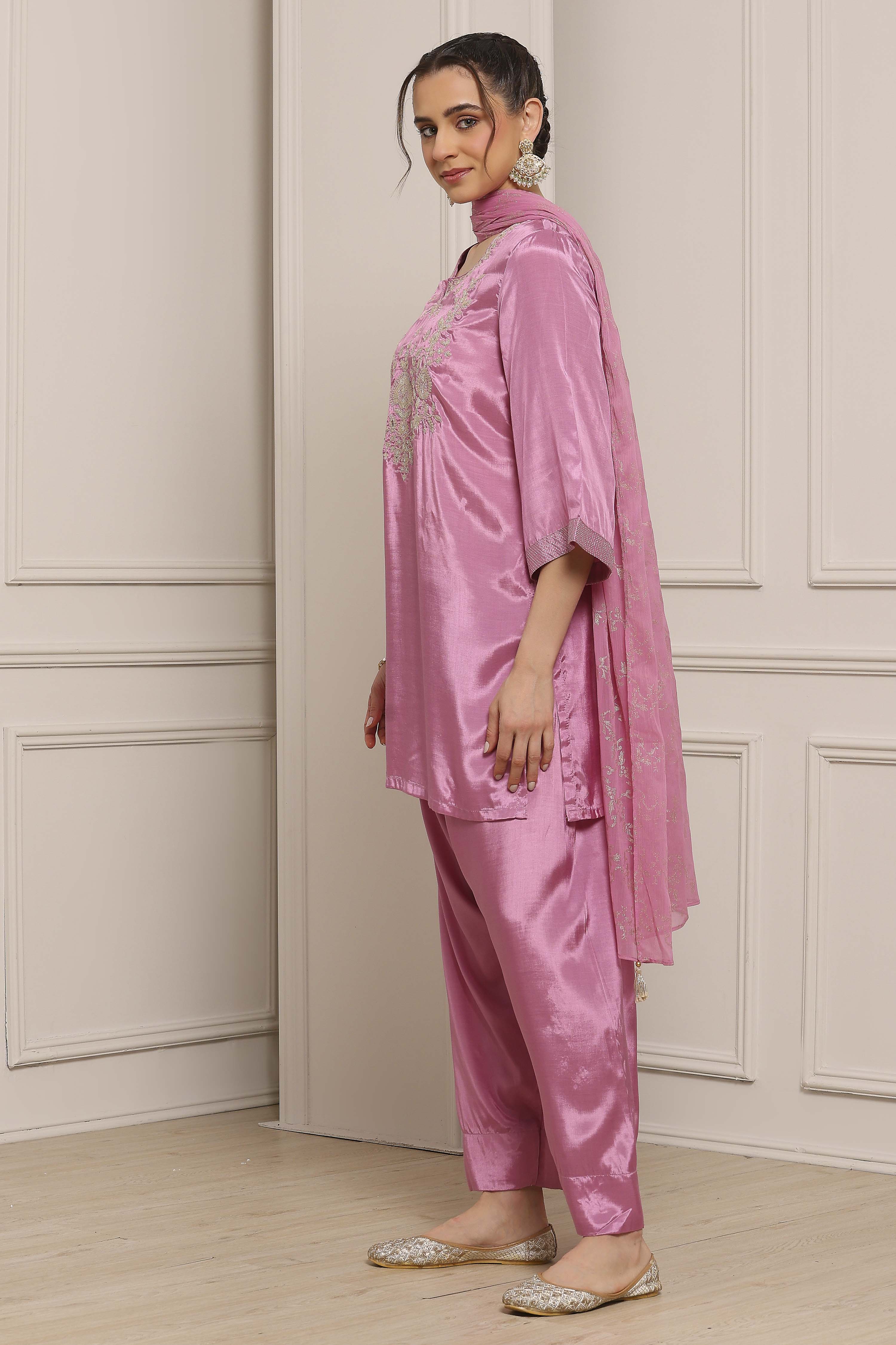 Pink Viscose Straight Dyed Suit Set image number 3