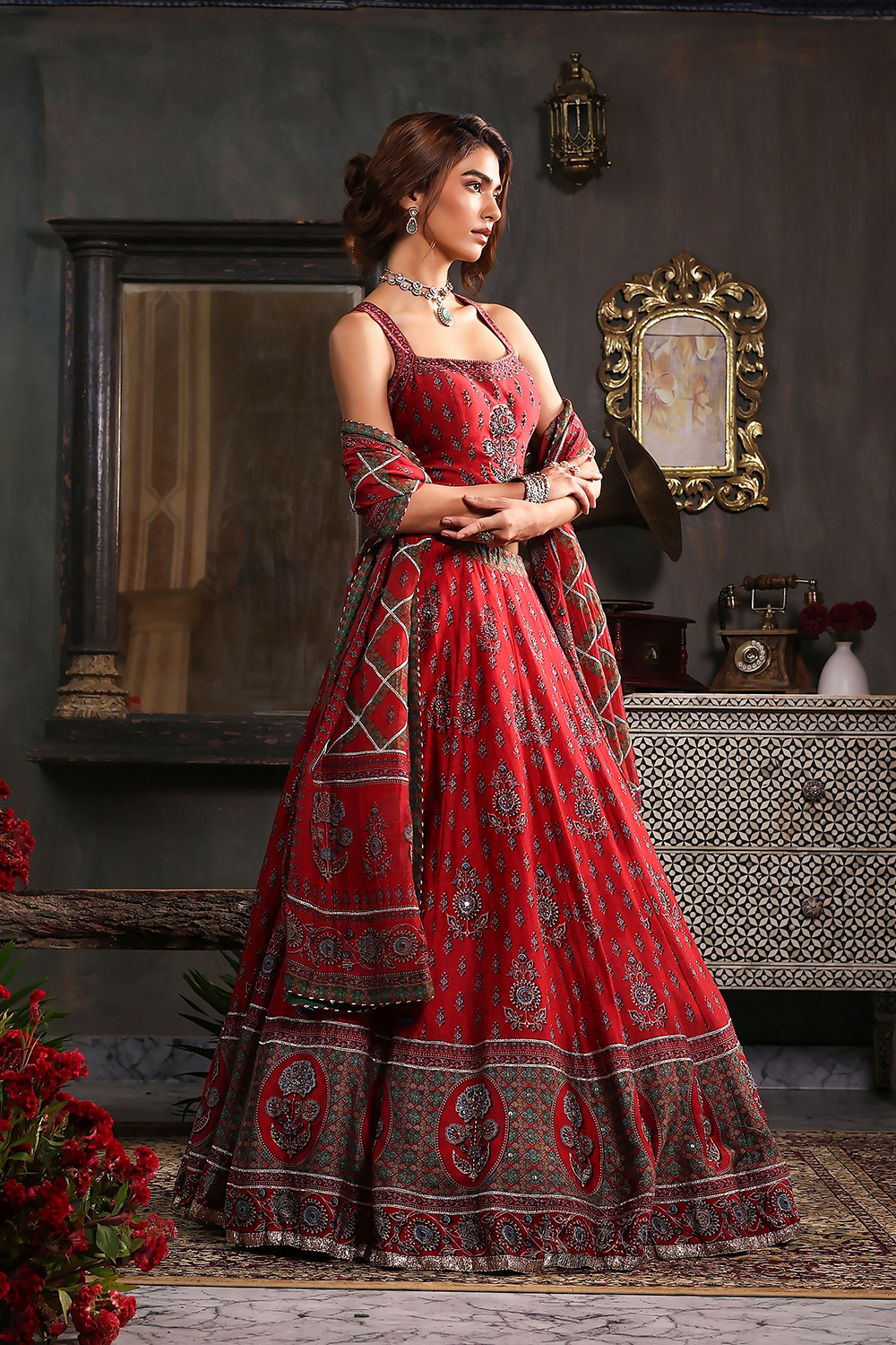 Red Chanderi Fitted Printed Lehenga Set image number 5