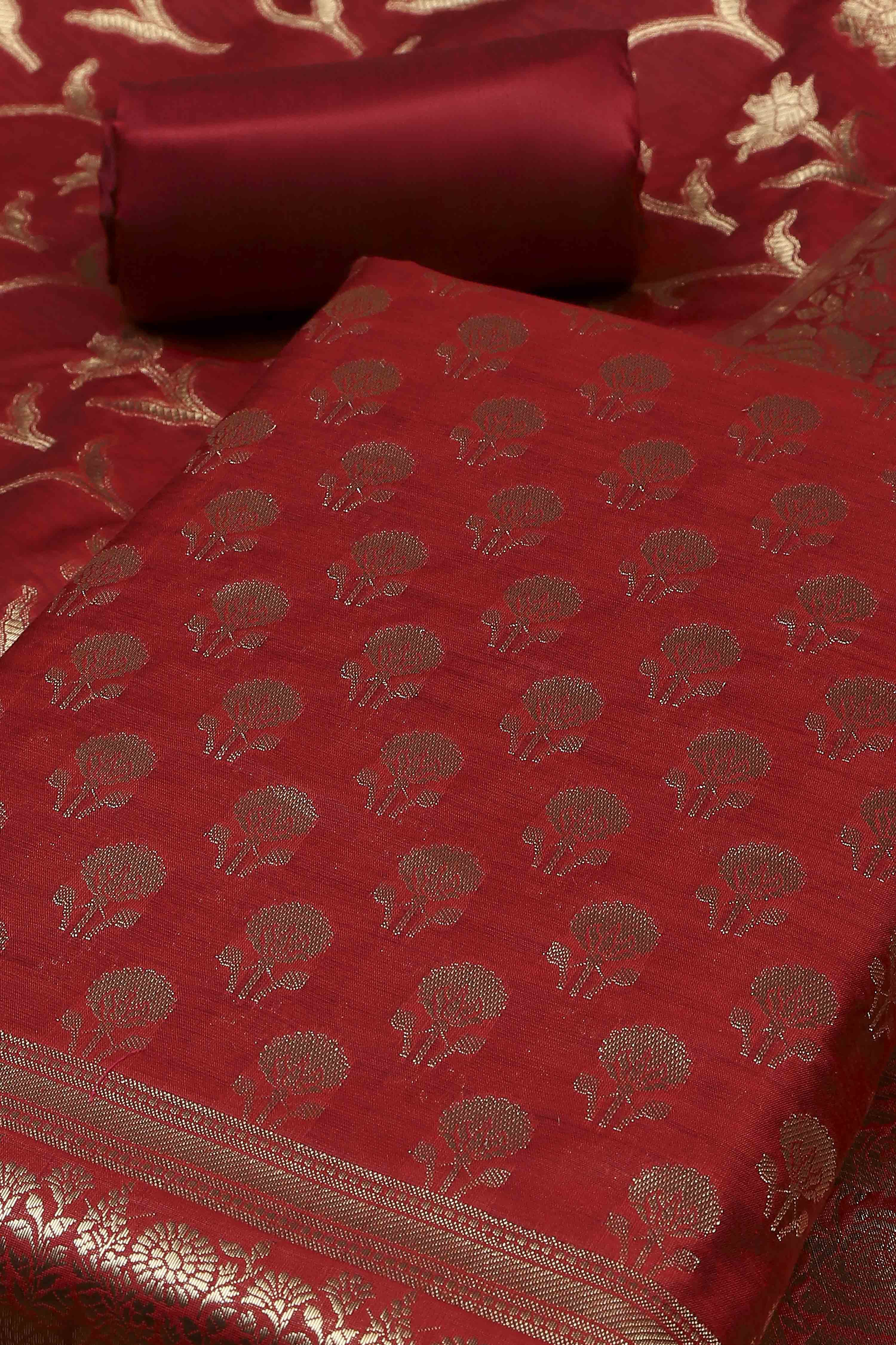 Teal Banarasi Chanderi Banarasi Print Unstitched Suit Set image number 1