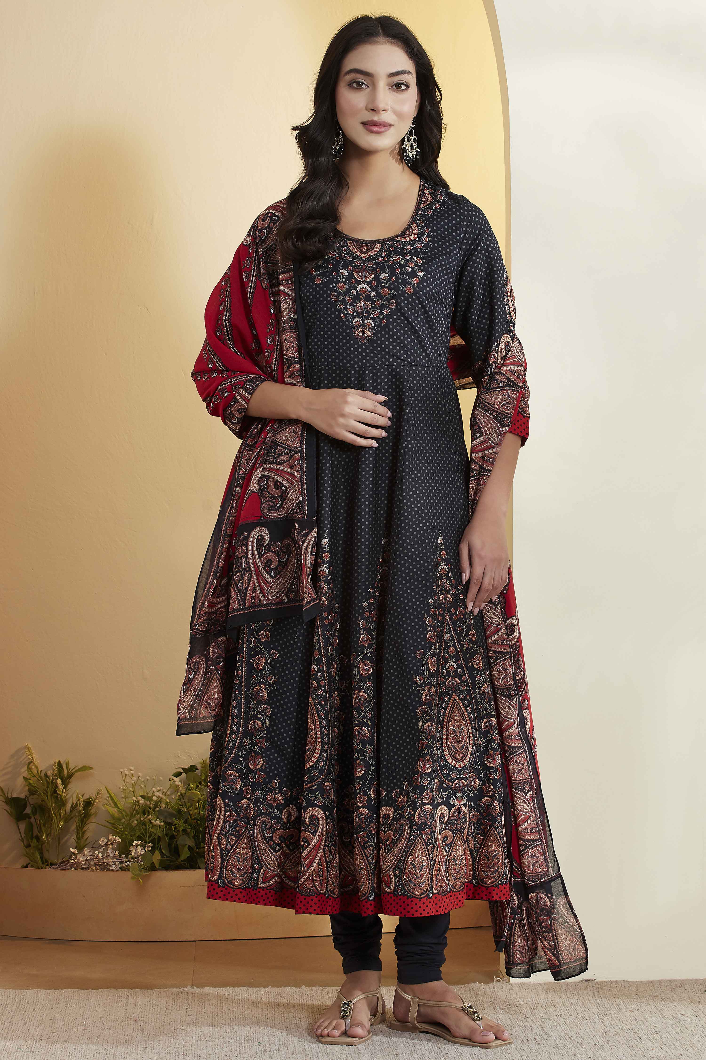 Black Cotton Paisley Printed Anarkali Kurta Set image number 0