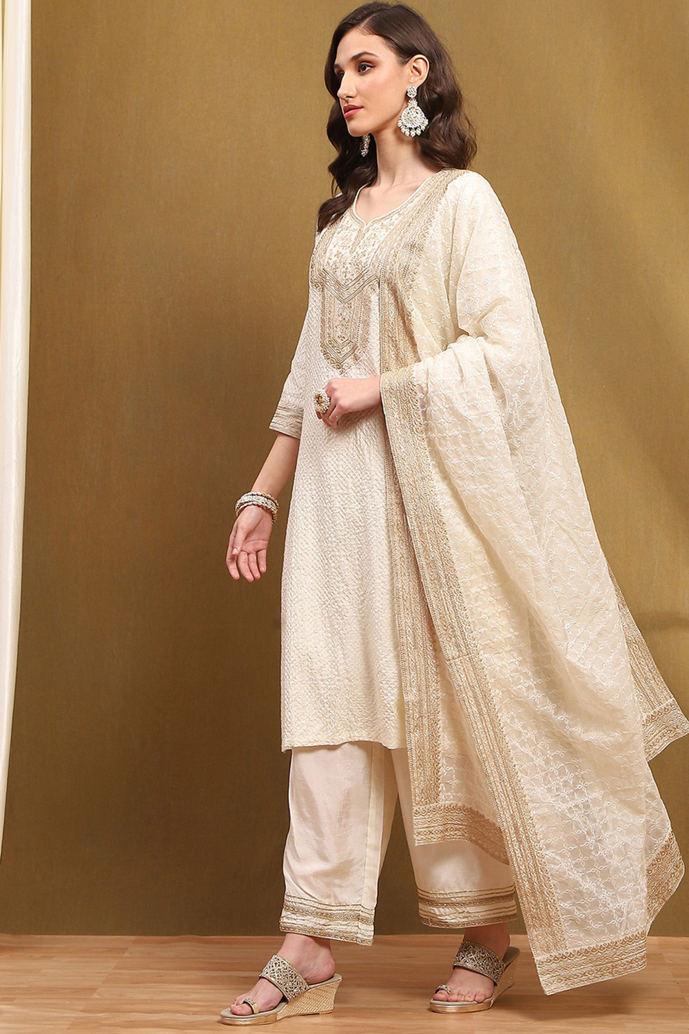 Orange Silk Embroidered Festive Straight Suit Set image number 3