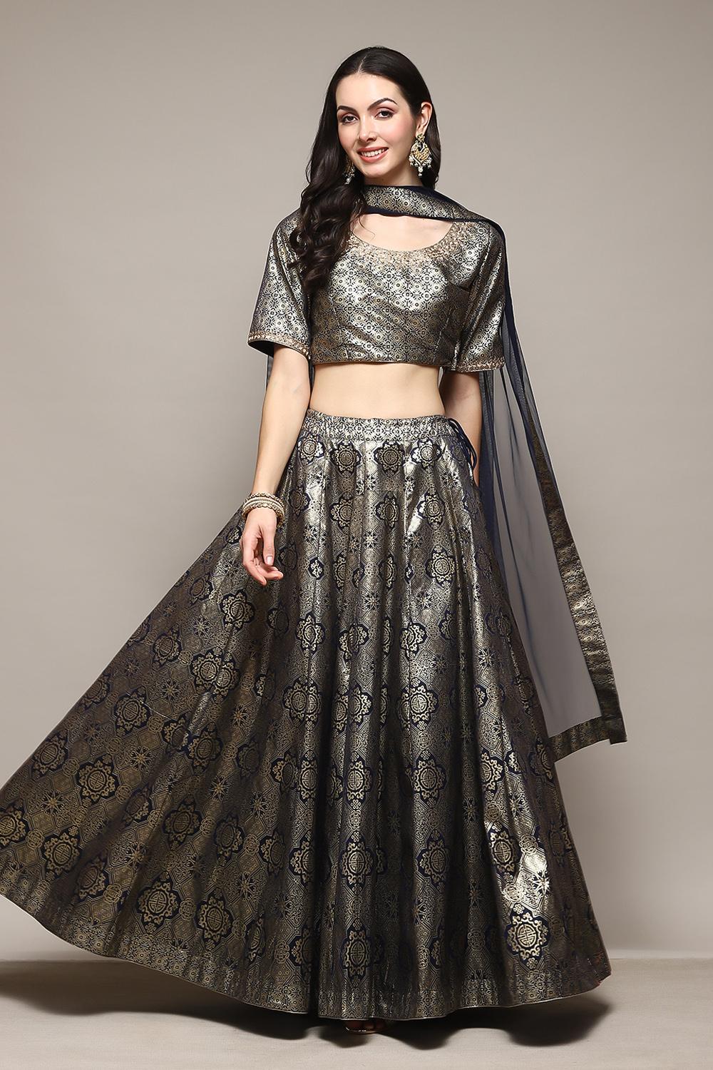 Navy Blue Polyester Straight Kurta Lehenga Set image number 7