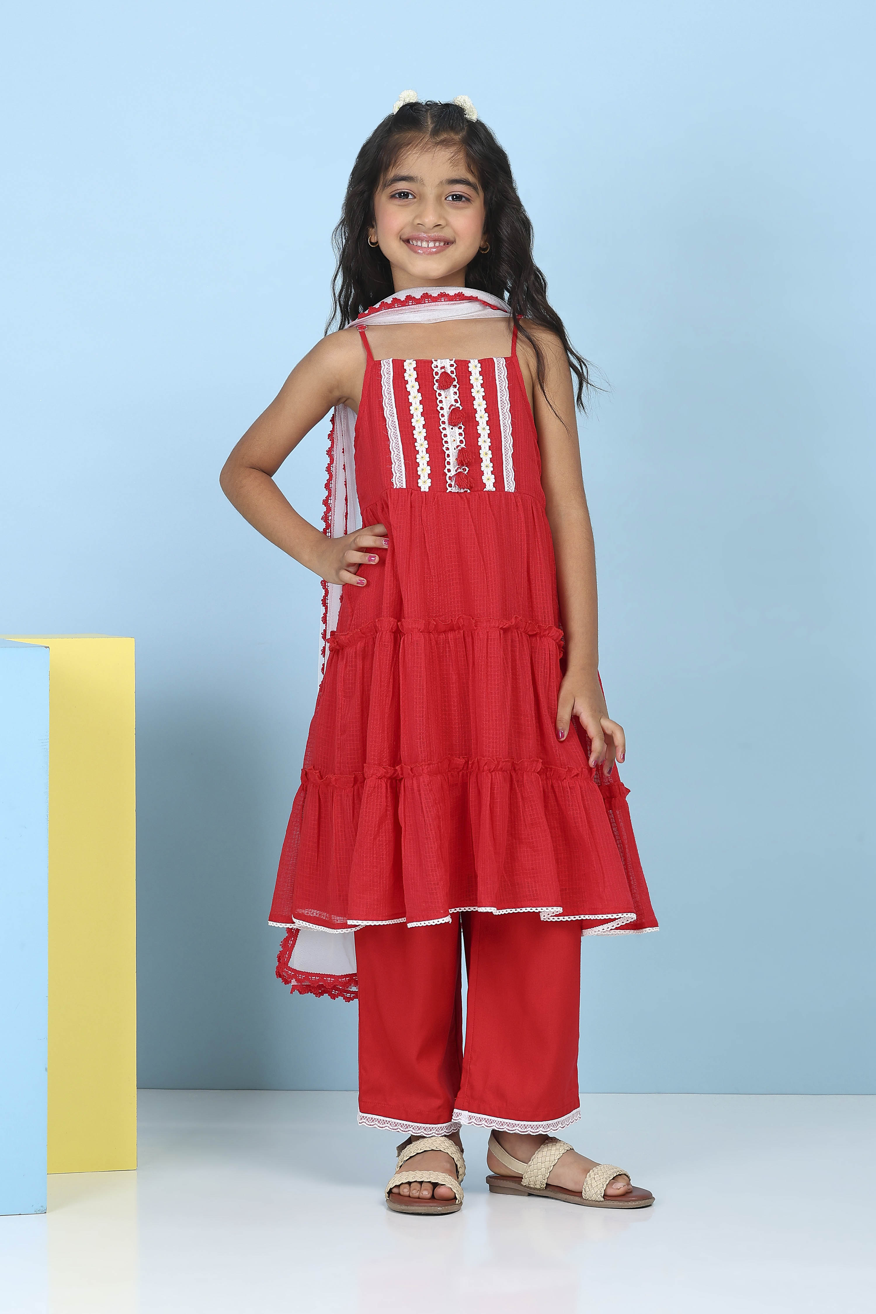 Red Cotton Solid Lace Detail Tiered Suit Set image number 6