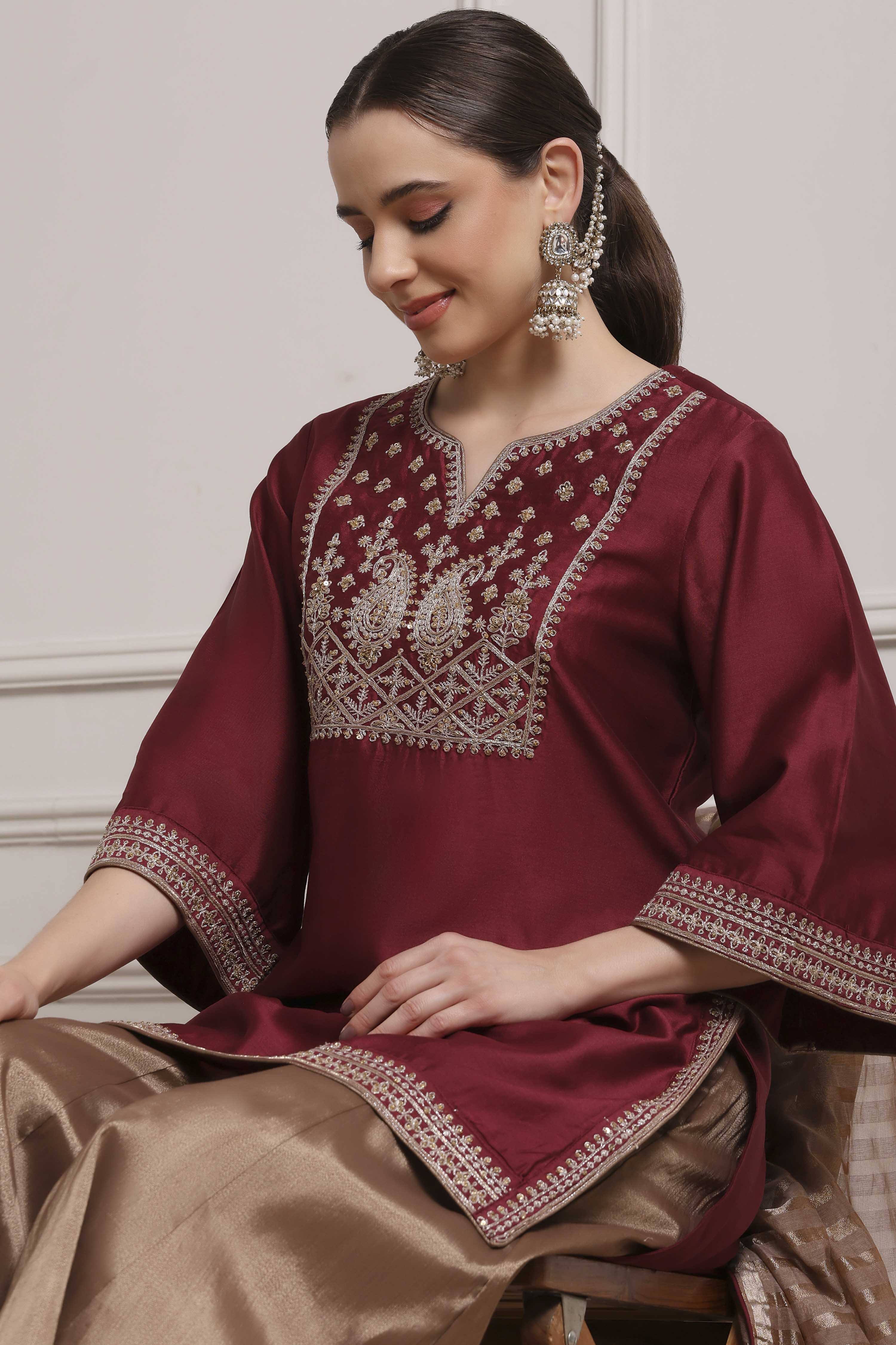 Maroon and Gold-Toned Cotton Silk Blend Sharara Suit Set image number 0