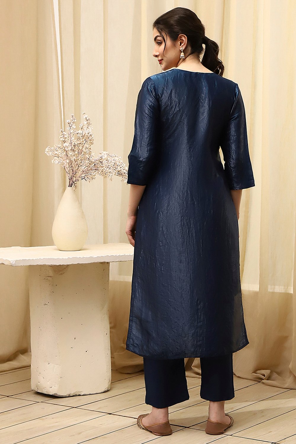 Navy Blue Tissue Machine Embroidered Unstitched Suit Set image number 5