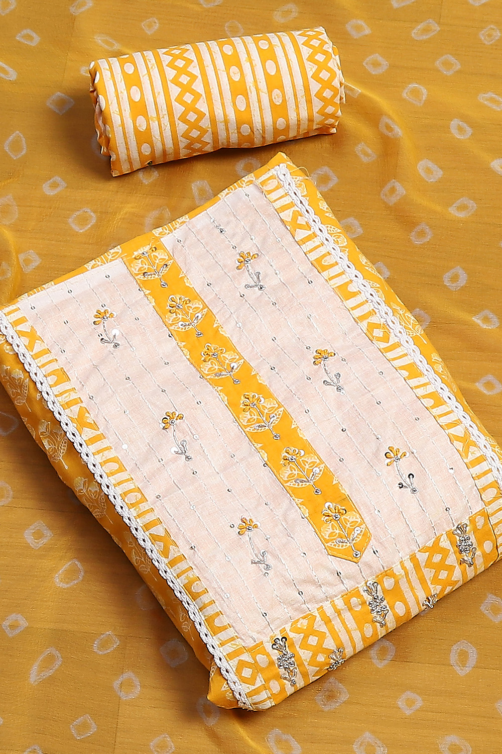 Yellow Cotton Hand Block Embroidered Unstitched Suit Set image number 0