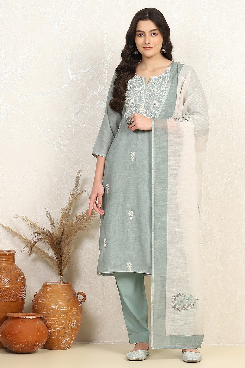 Teal Cotton Unstitched Suit Set image number 7