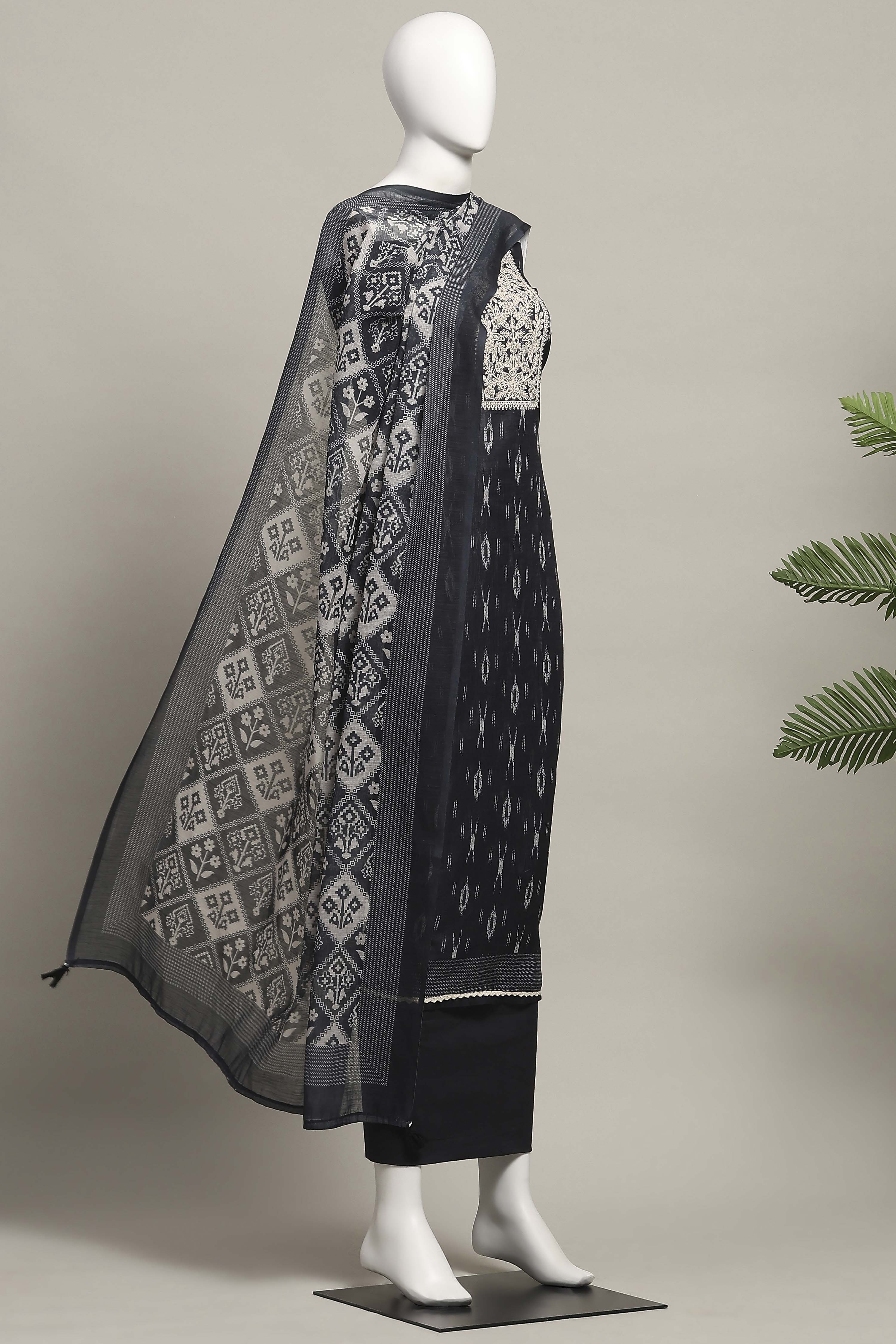 Blue Linen Royal-Ikkat  Buti Print Unstitched Suit Set image number 4