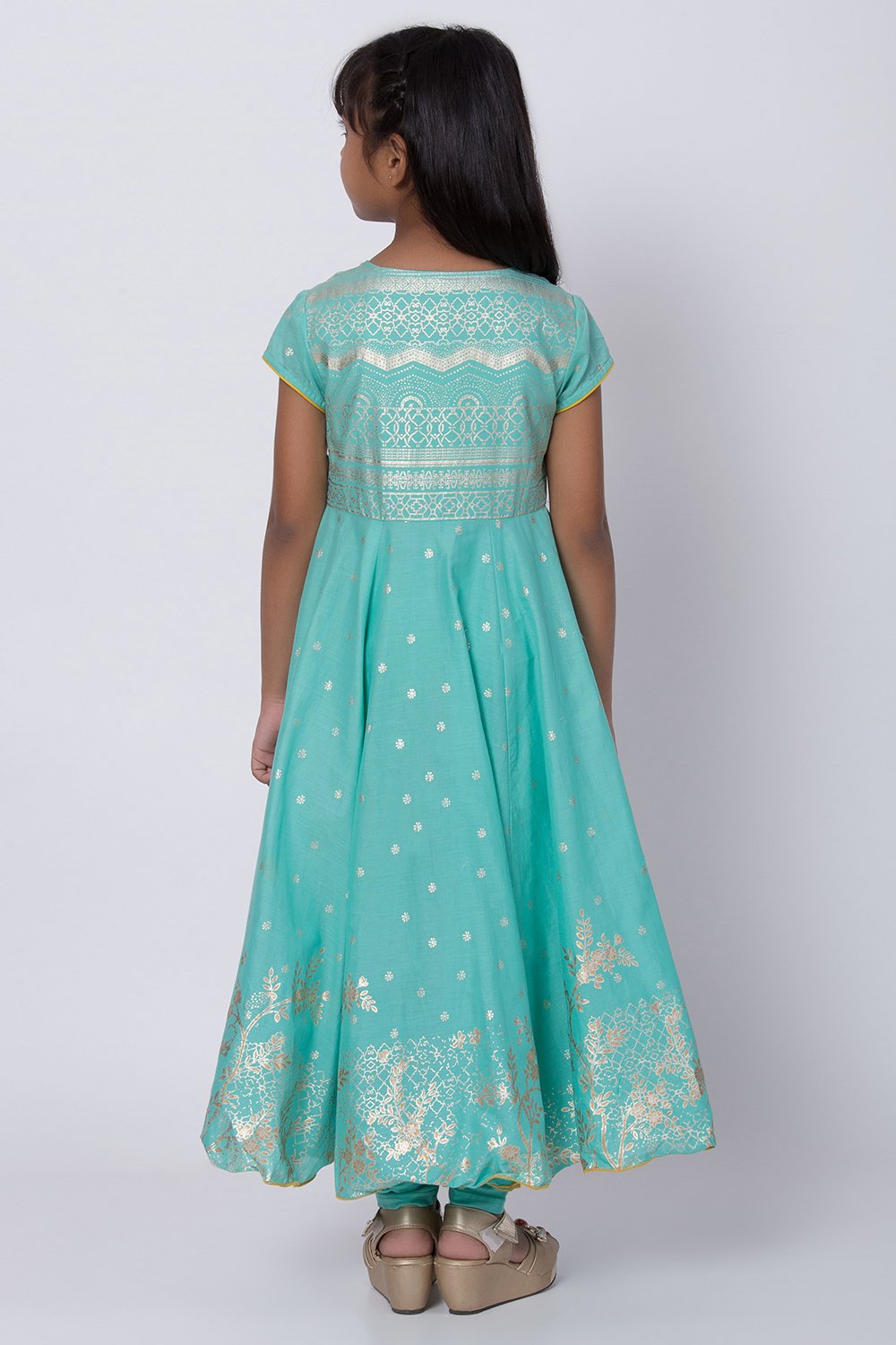 Turquoise Cotton Anarkali Kurta Churidar Suit Set image number 4