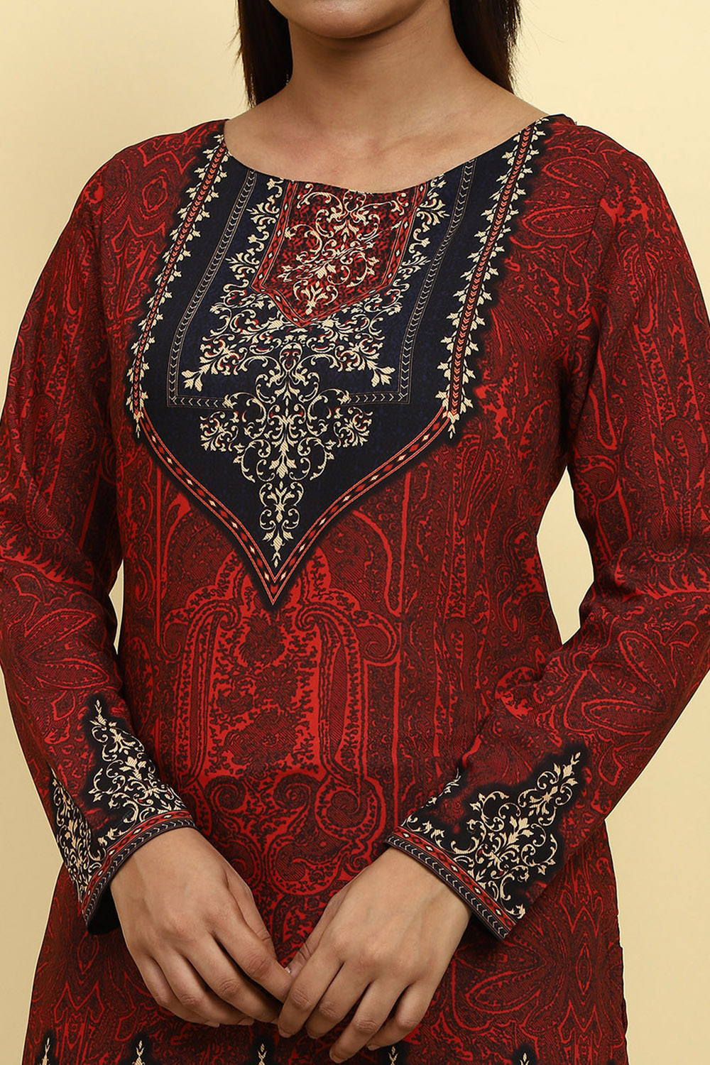 Maroon Polyester Straight Kurti image number 1