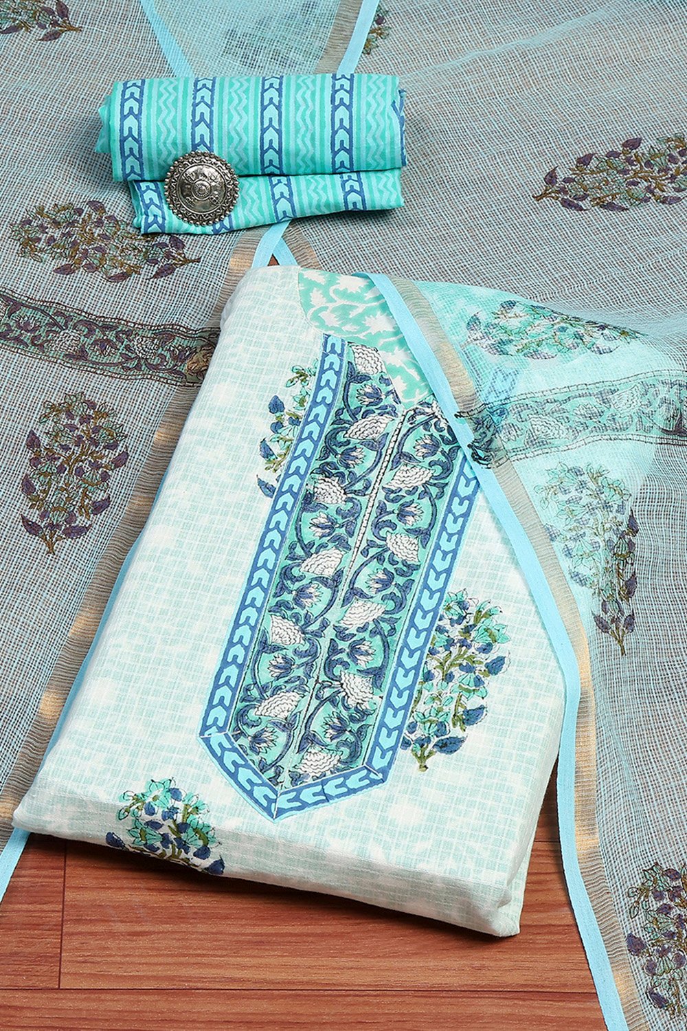 Blue Cotton Hand Block Print Unstitched Suit Set image number 0