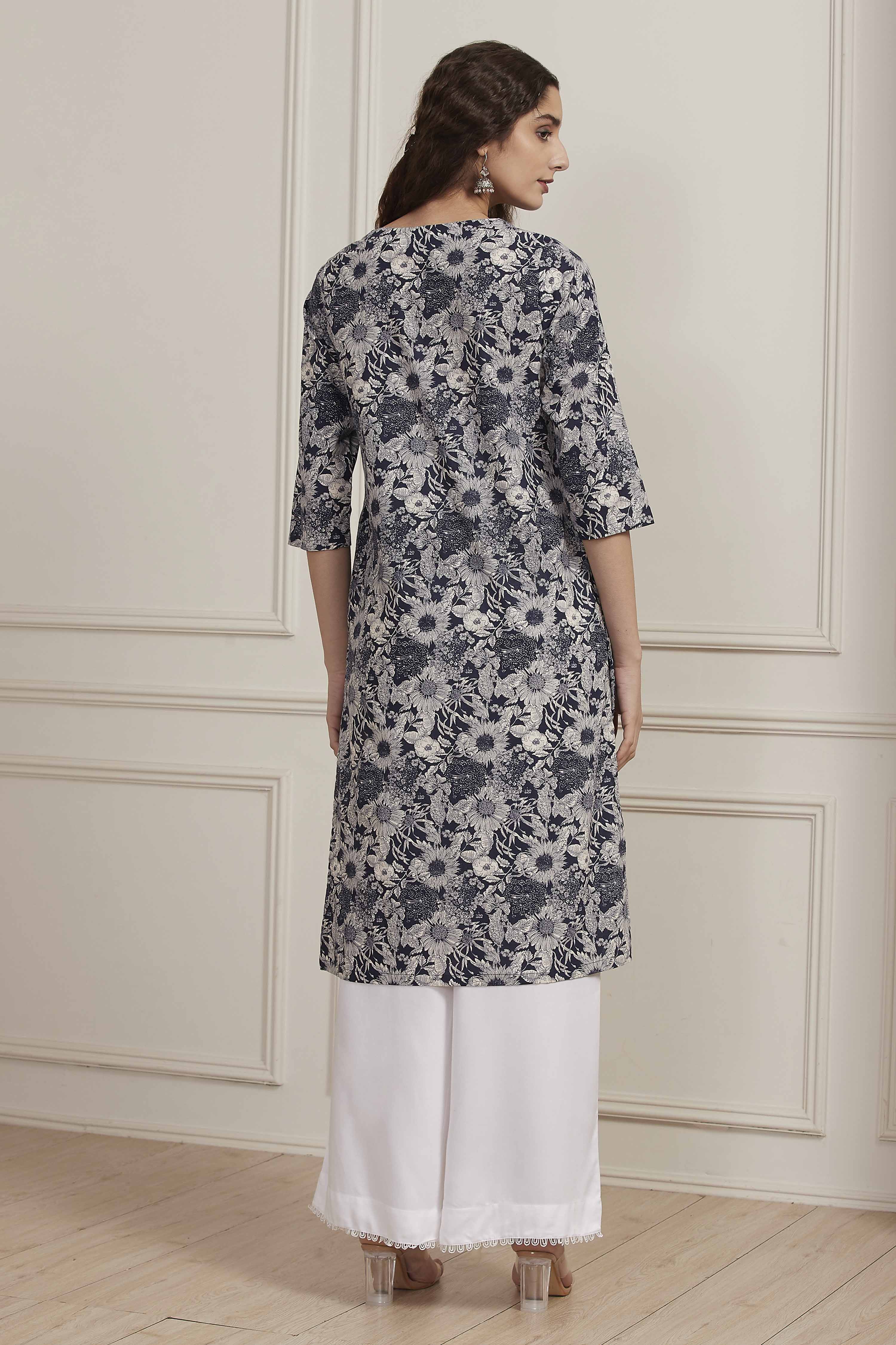 Blue Cotton Straight Kurta image number 3