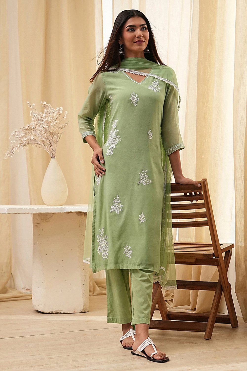 Aqua Embroidered Straight Suit Set image number 6