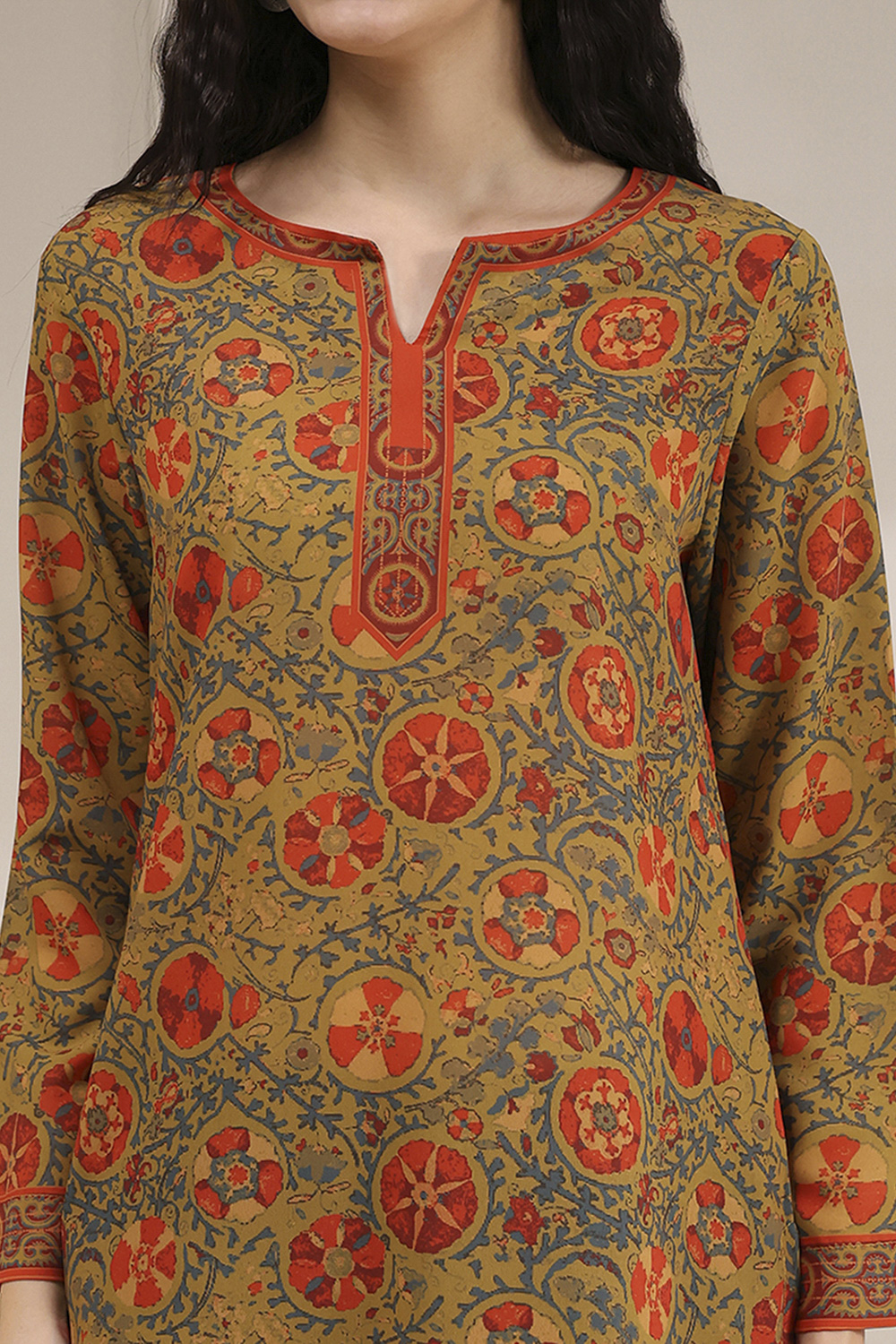 Mustard Red Polyester Straight Printed Short Kurta image number 1