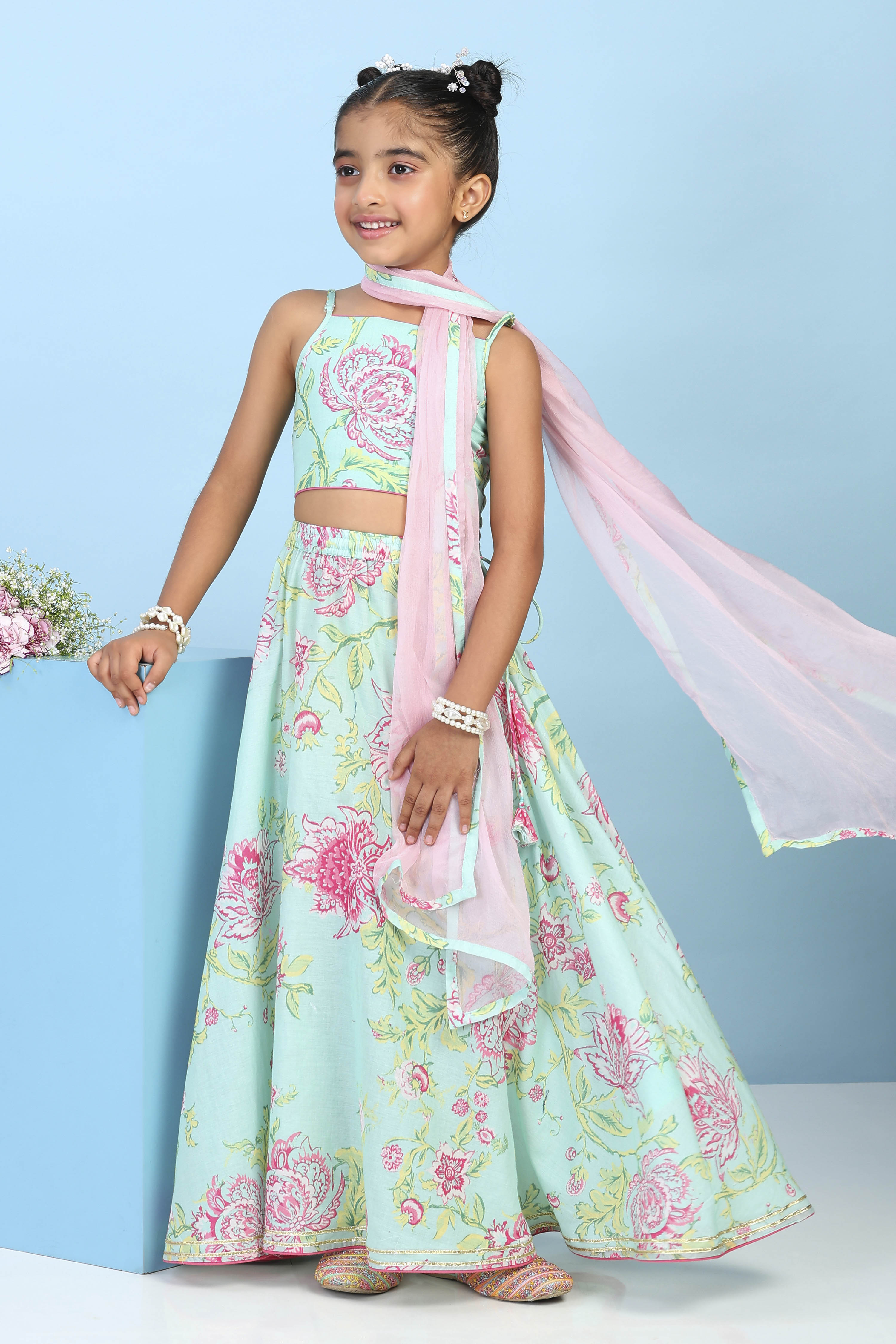 Aqua Cotton Printed Straight Lehenga Set image number 0