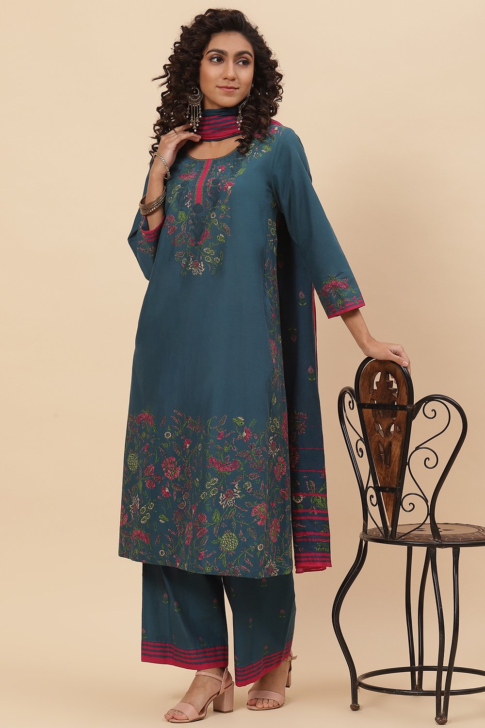 Peach Cotton Straight Kurta Palazzo Suit Set image number 7